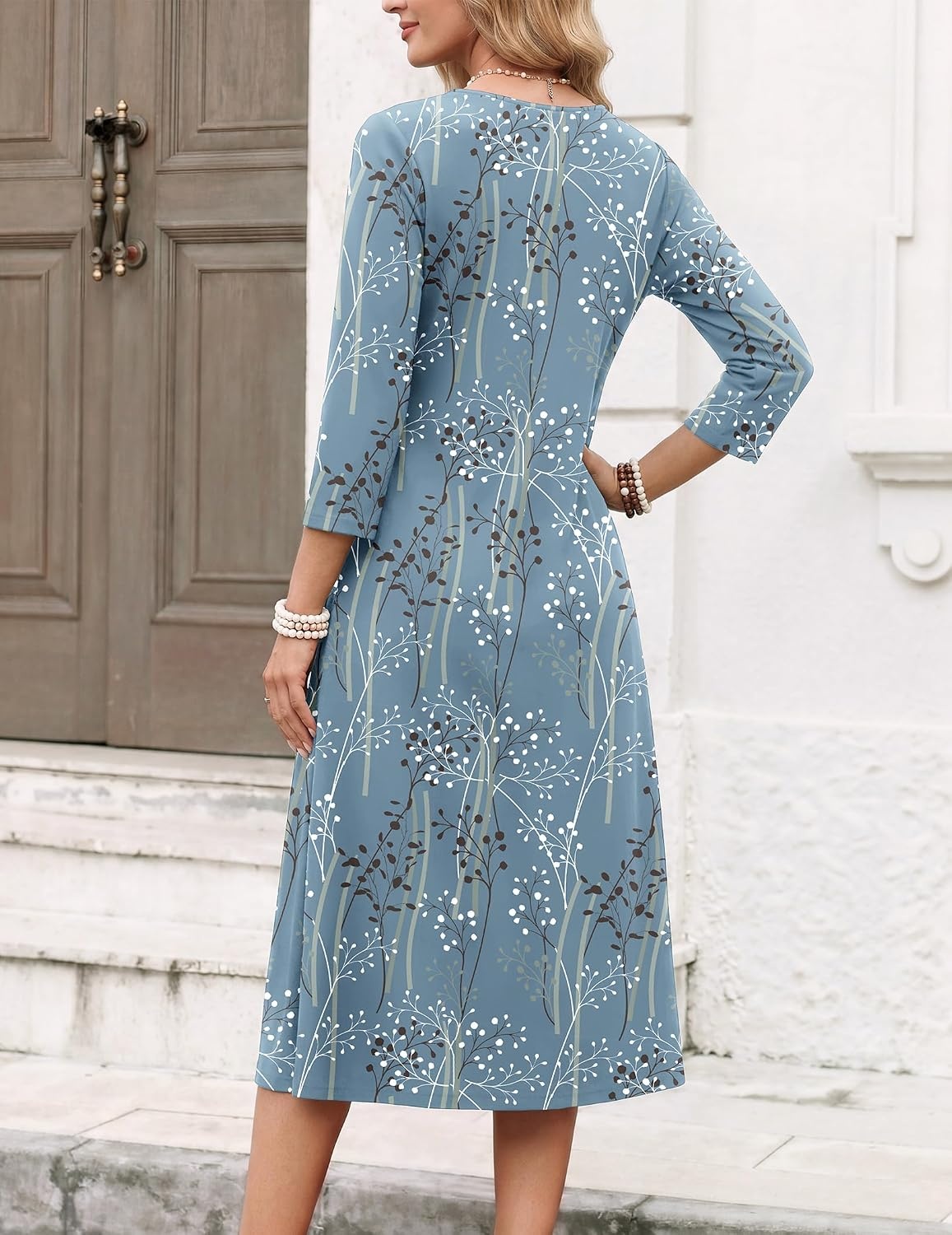 image:imageZeagoo Womens Dresses 34 Sleeve Casual Fall A Line Midi Dress with PocketsBlue Black Leaf