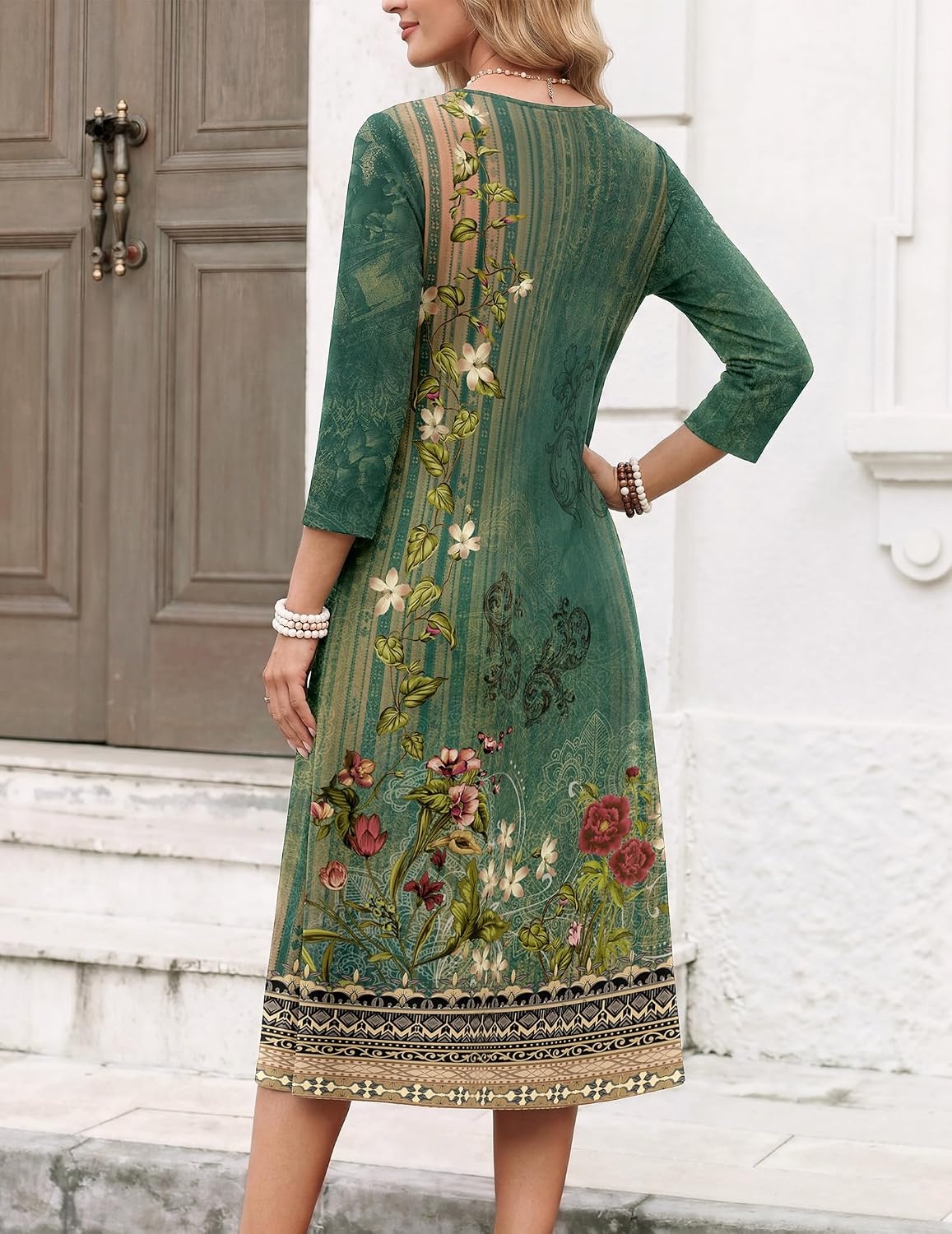 image:imageZeagoo Womens Dresses 34 Sleeve Casual Fall A Line Midi Dress with PocketsEthnic Print 02