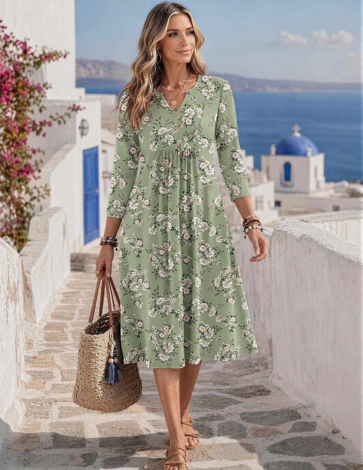image:imageZeagoo Womens Dresses 34 Sleeve Casual Fall A Line Midi Dress with PocketsGreen White Flower