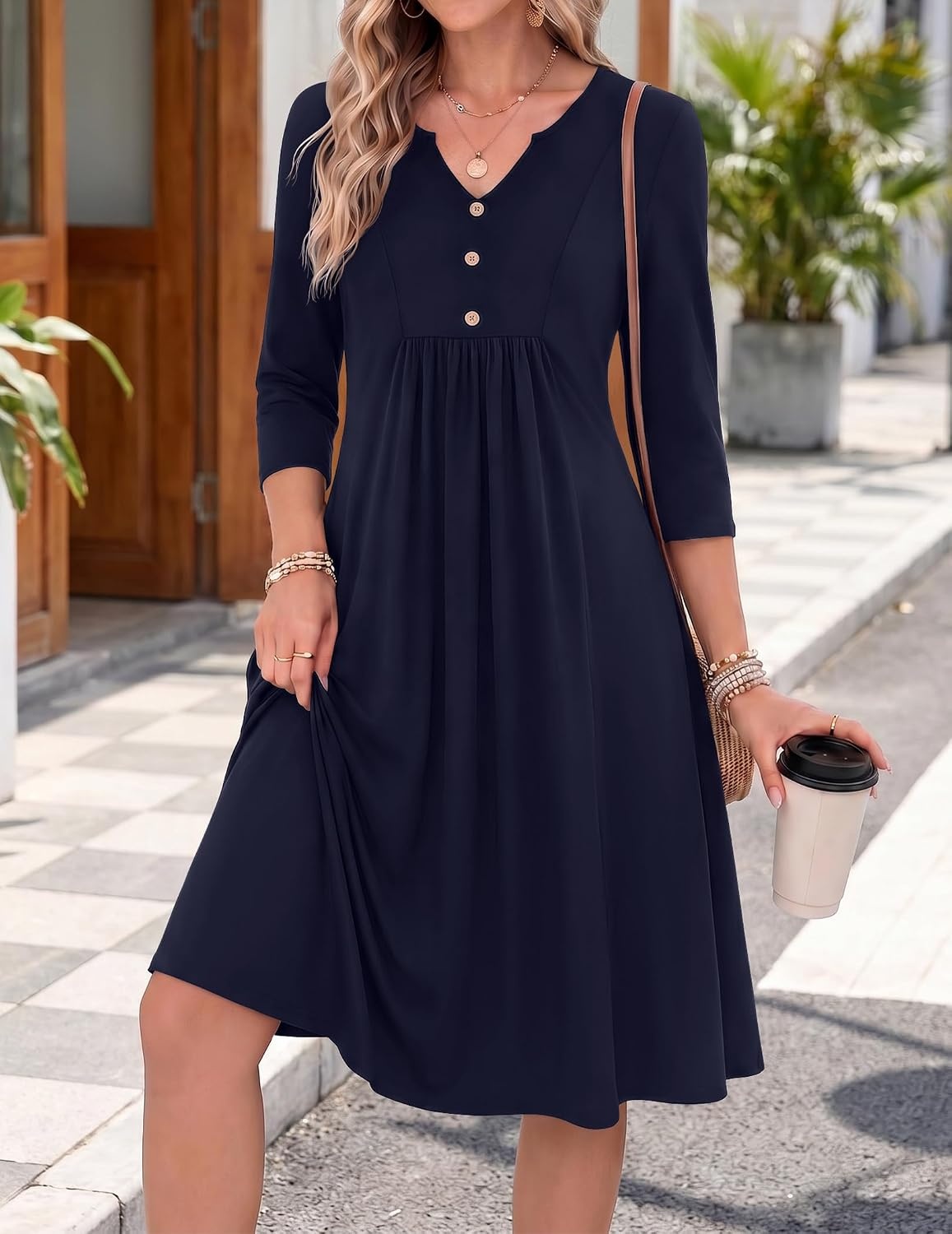 image:imageZeagoo Womens Dresses 34 Sleeve Casual Fall A Line Midi Dress with PocketsNavy Blue