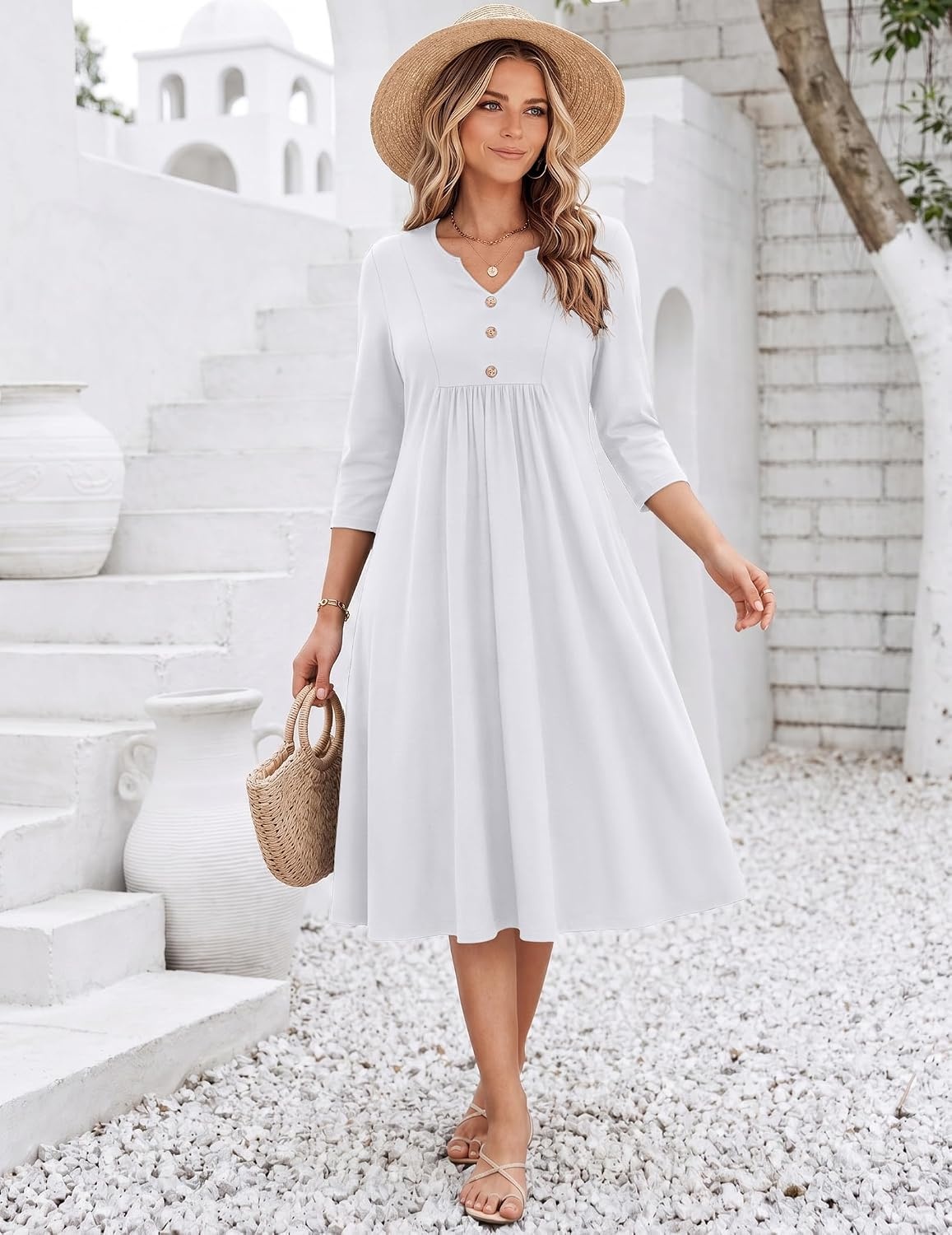 image:imageZeagoo Womens Dresses 34 Sleeve Casual Fall A Line Midi Dress with PocketsWhite