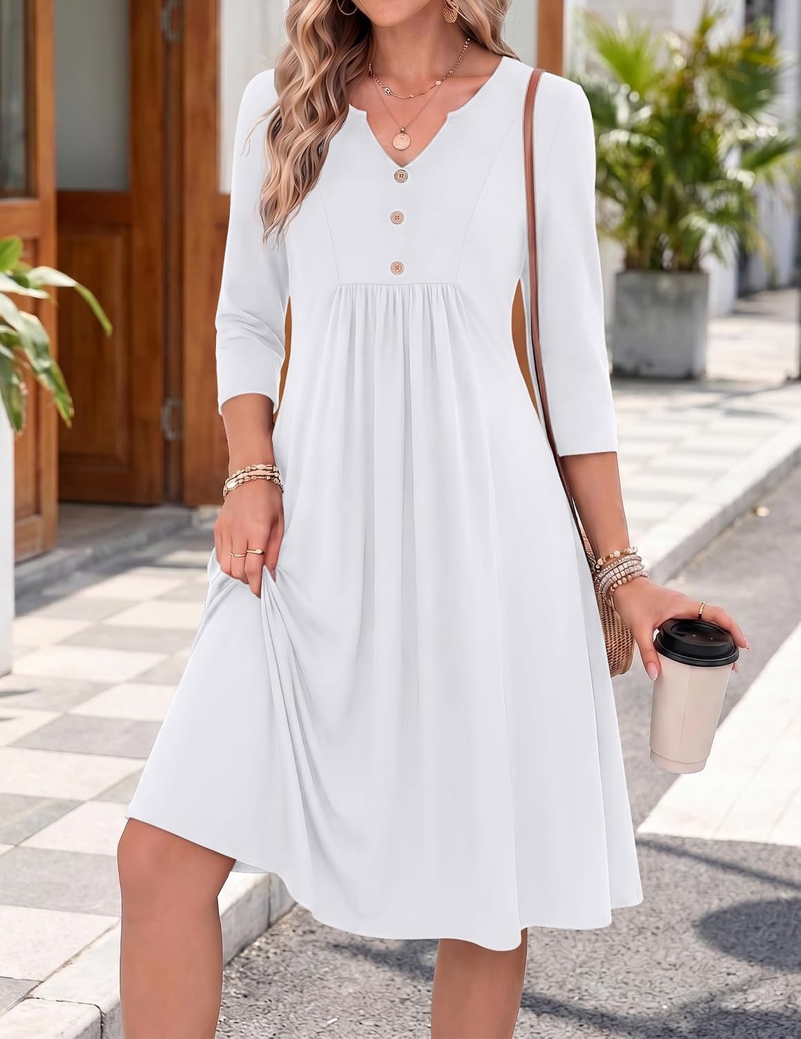 image:imageZeagoo Womens Dresses 34 Sleeve Casual Fall A Line Midi Dress with PocketsWhite