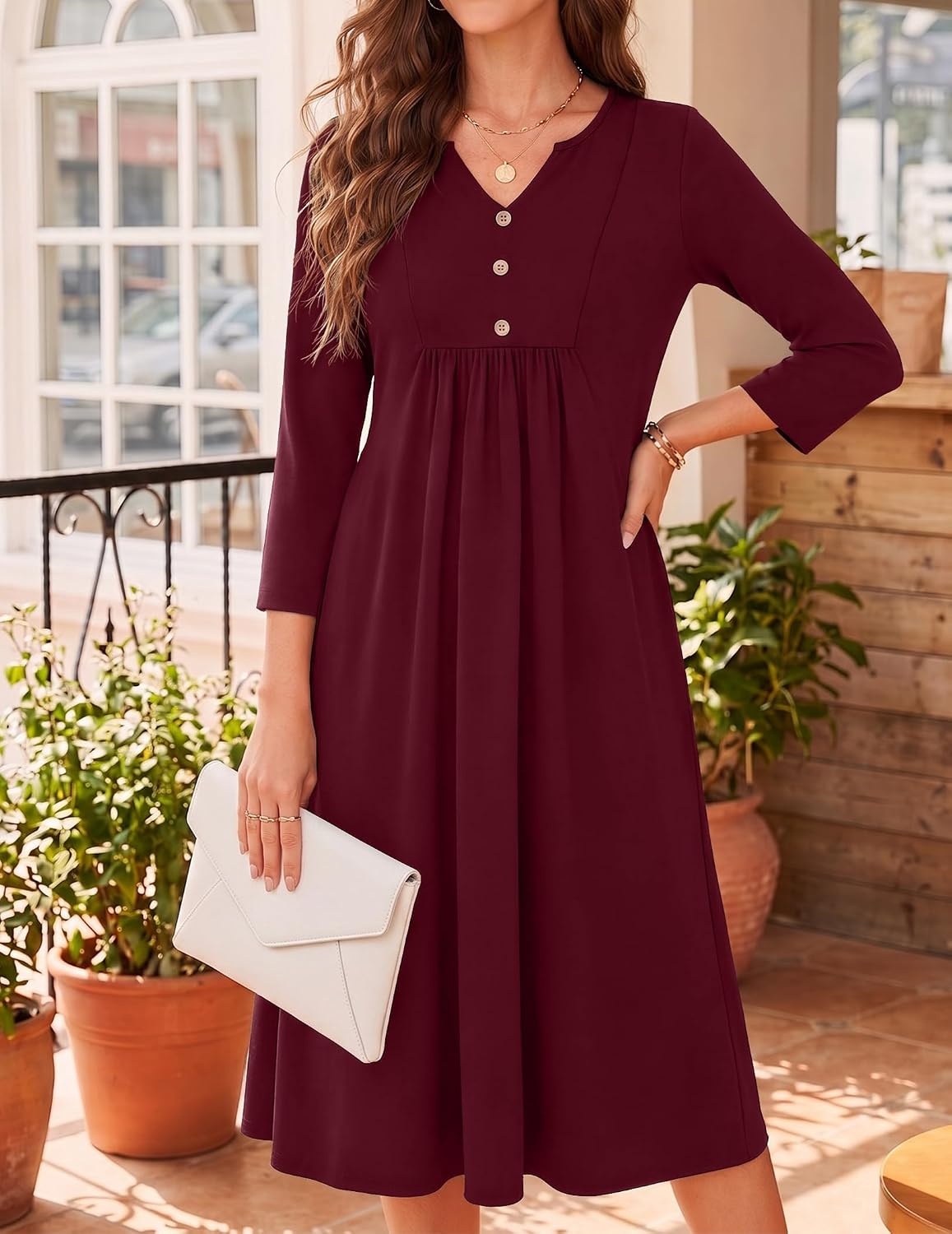 image:imageZeagoo Womens Dresses 34 Sleeve Casual Fall A Line Midi Dress with PocketsWine Red