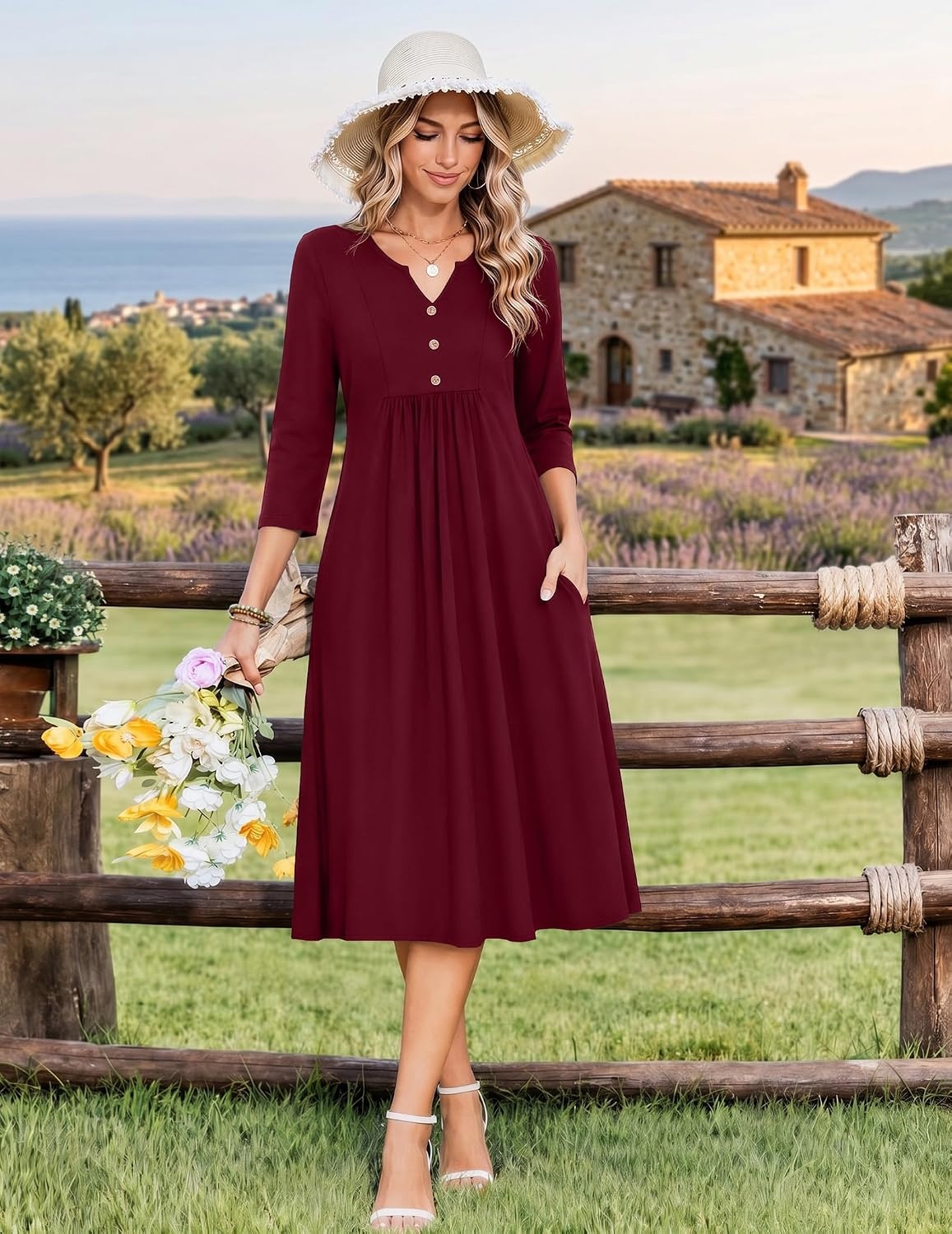 image:imageZeagoo Womens Dresses 34 Sleeve Casual Fall A Line Midi Dress with PocketsWine Red