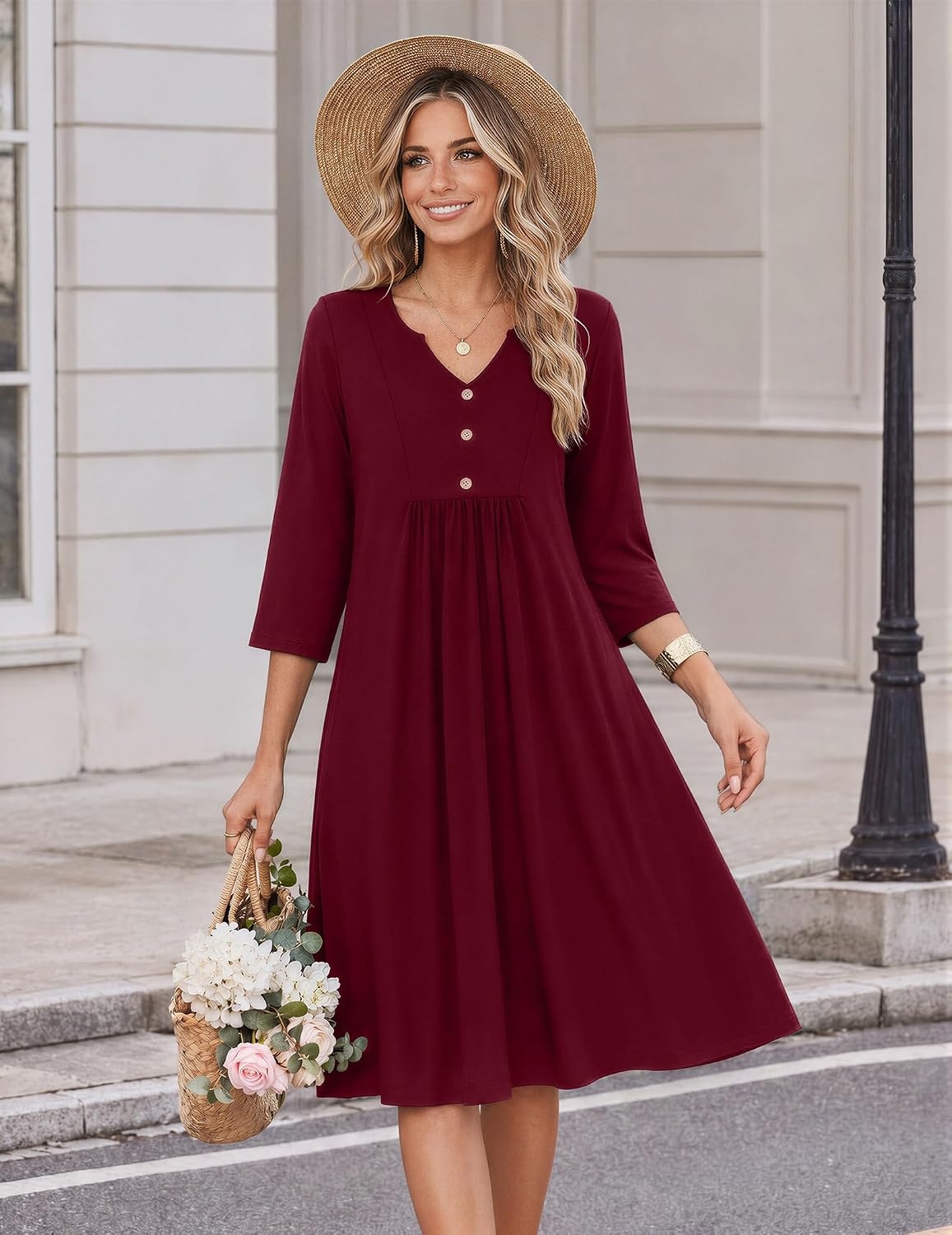 image:imageZeagoo Womens Dresses 34 Sleeve Casual Fall A Line Midi Dress with PocketsWine Red