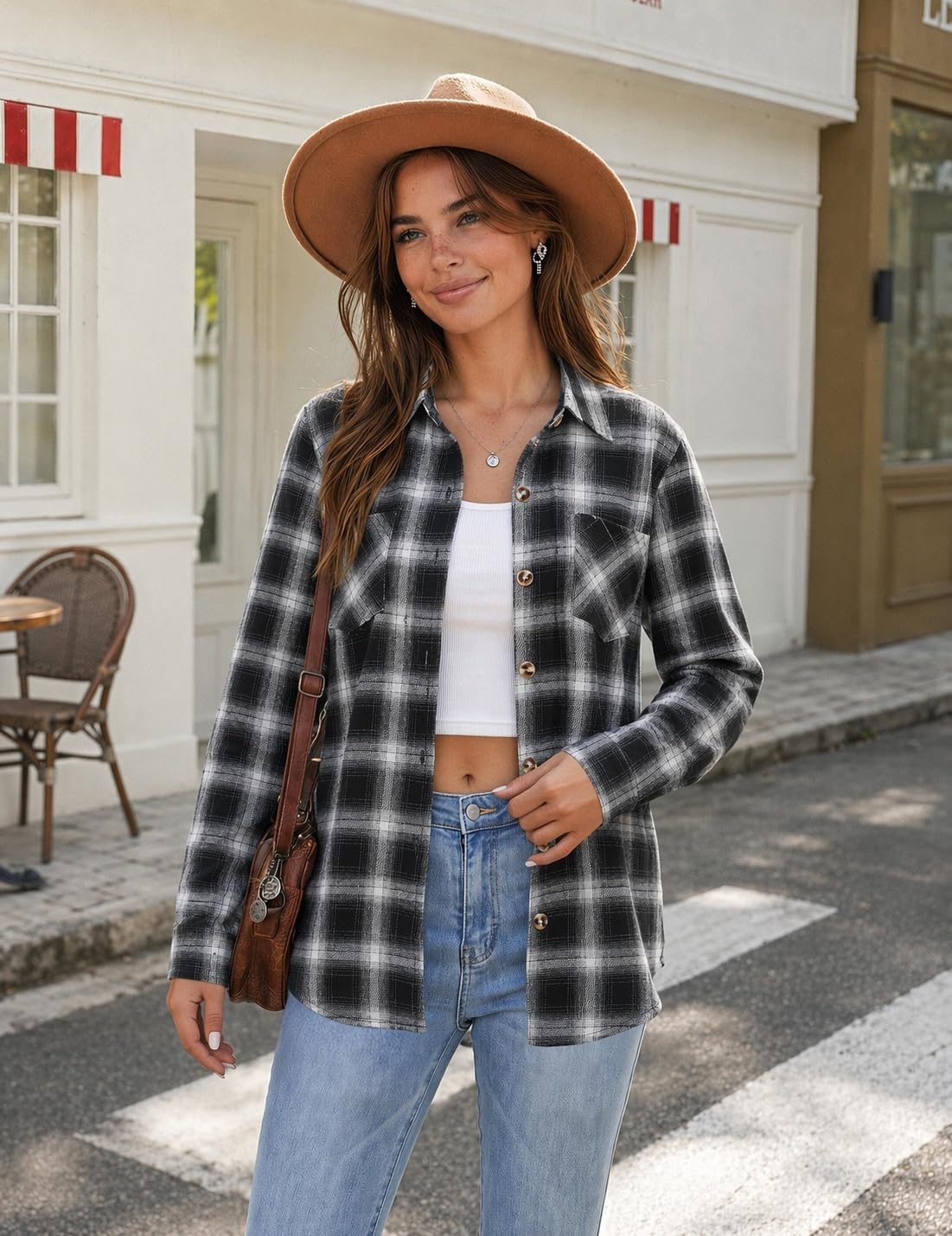image:imageZeagoo Womens Flannel Plaid Shirts Long Sleeve Button Down Tops Work BlouseBlack