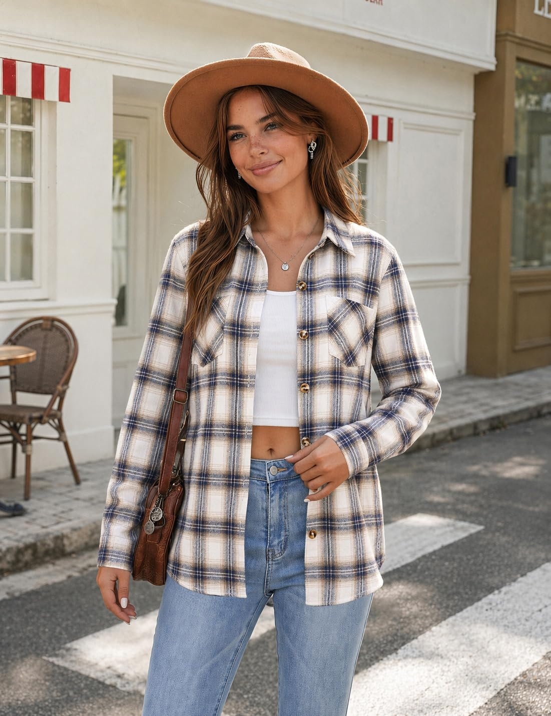 image:imageZeagoo Womens Flannel Plaid Shirts Long Sleeve Button Down Tops Work BlouseBlue Beige Plaid