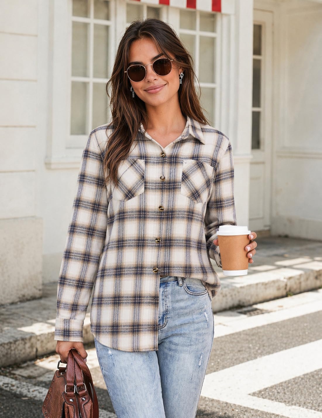 image:imageZeagoo Womens Flannel Plaid Shirts Long Sleeve Button Down Tops Work BlouseBlue Beige Plaid