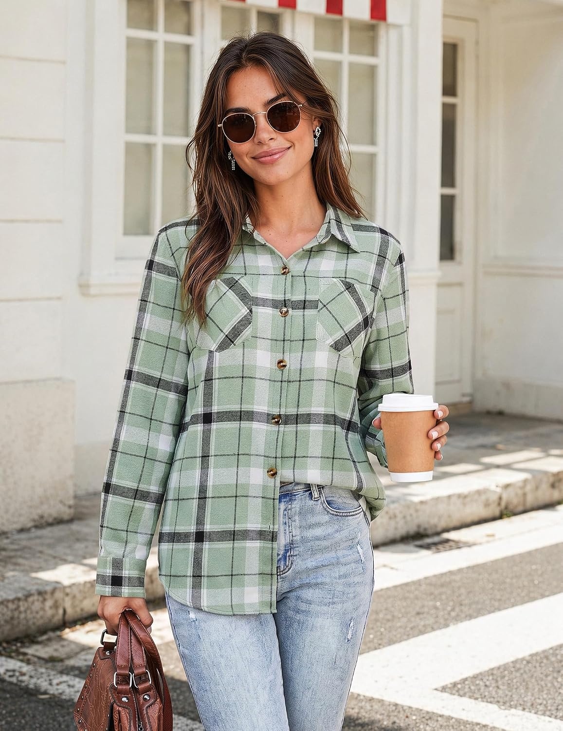 image:imageZeagoo Womens Flannel Plaid Shirts Long Sleeve Button Down Tops Work BlouseGreen Plaid