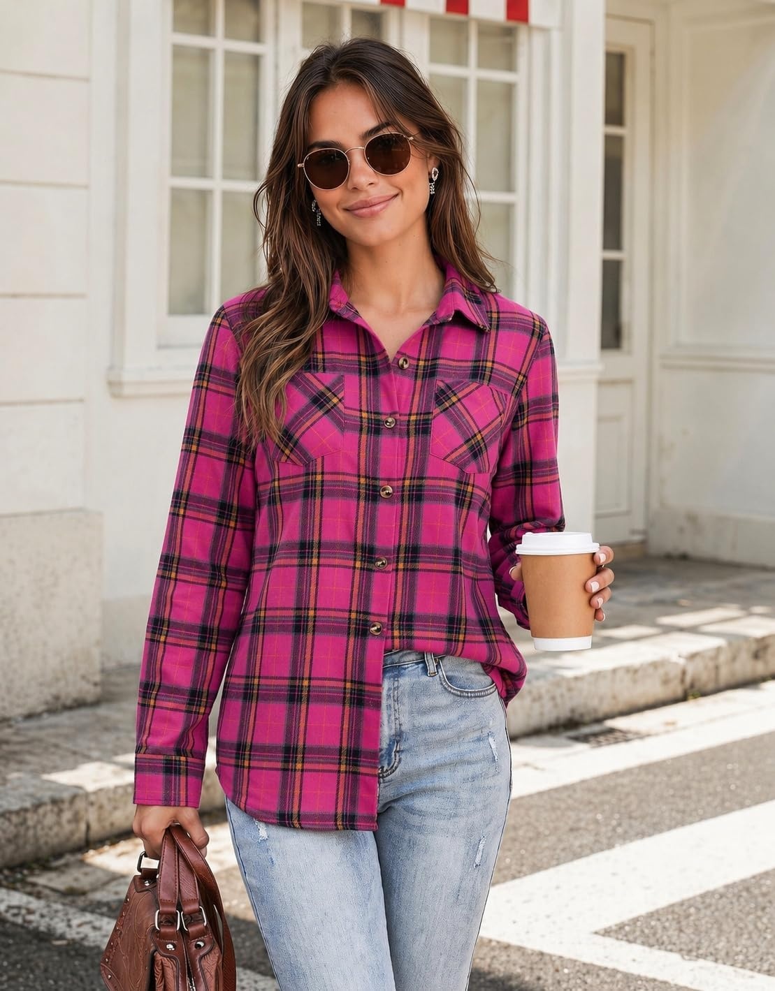 image:imageZeagoo Womens Flannel Plaid Shirts Long Sleeve Button Down Tops Work BlouseHot Pink