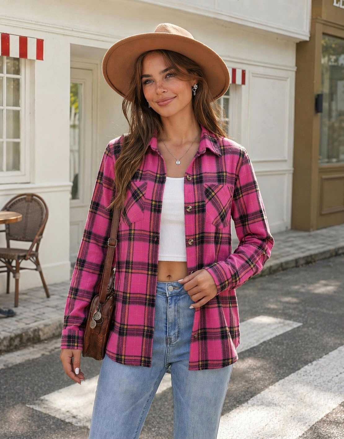 image:imageZeagoo Womens Flannel Plaid Shirts Long Sleeve Button Down Tops Work BlouseHot Pink