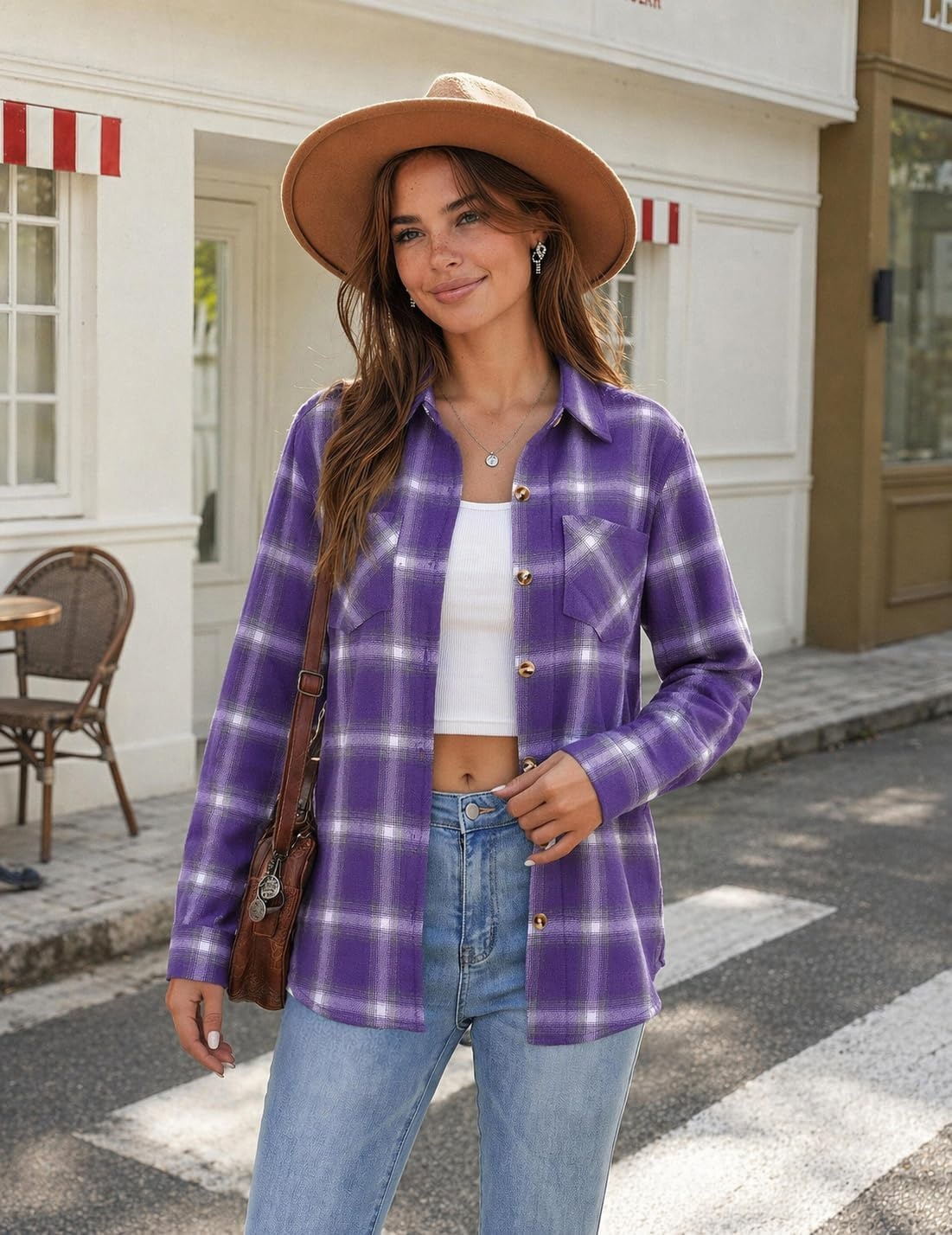 image:imageZeagoo Womens Flannel Plaid Shirts Long Sleeve Button Down Tops Work BlousePurple Plaid