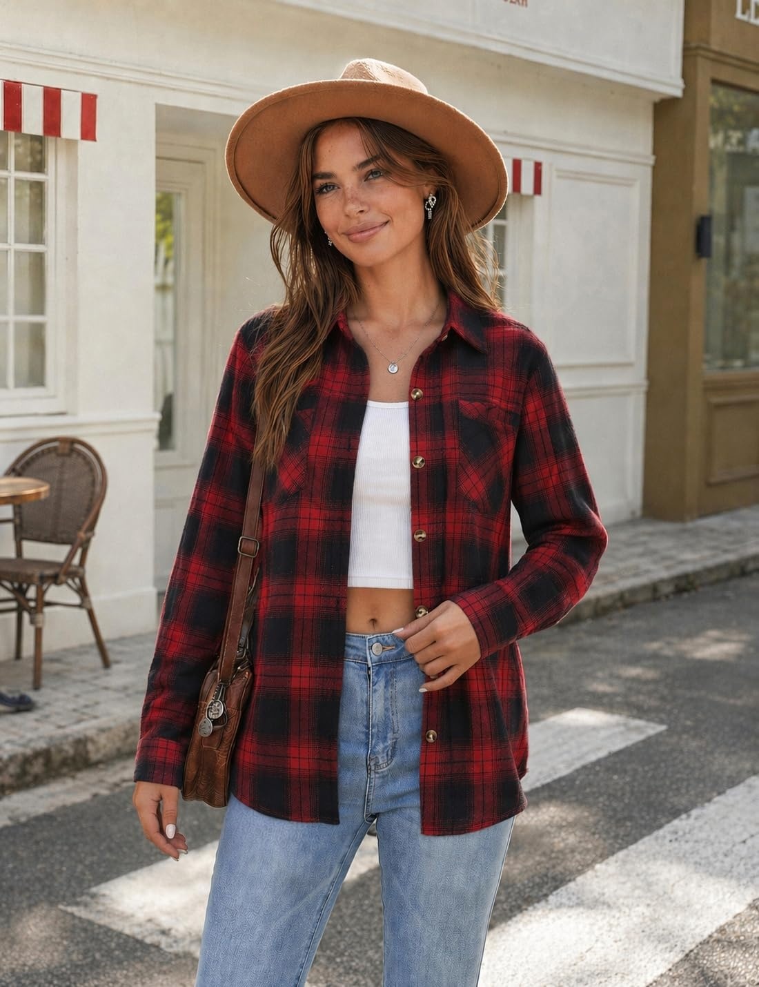 image:imageZeagoo Womens Flannel Plaid Shirts Long Sleeve Button Down Tops Work BlouseRed