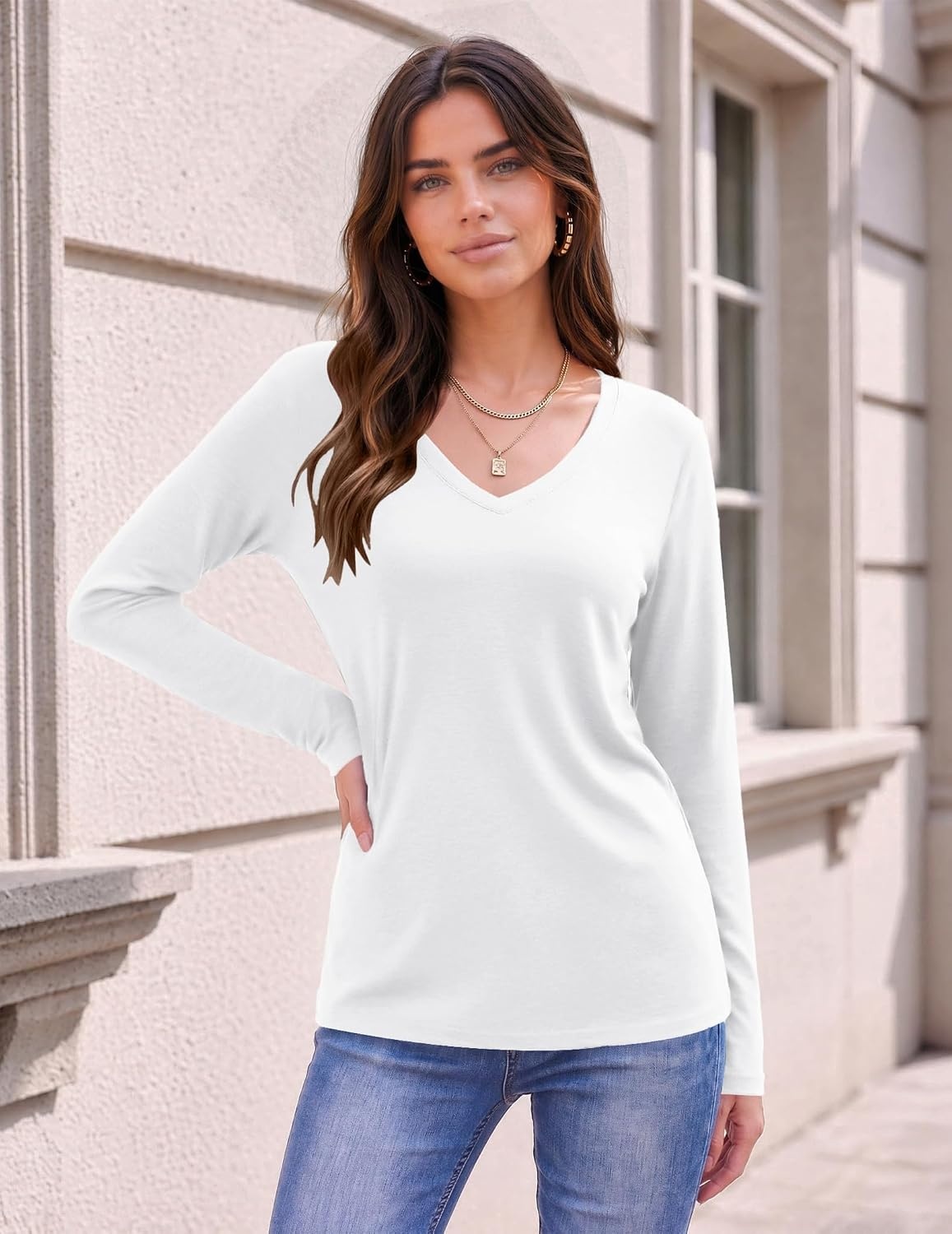 image:imageZeagoo Womens Shirts Long Sleeve Tops V Neck Casual Basic Tee Fall OutfitsAwhite