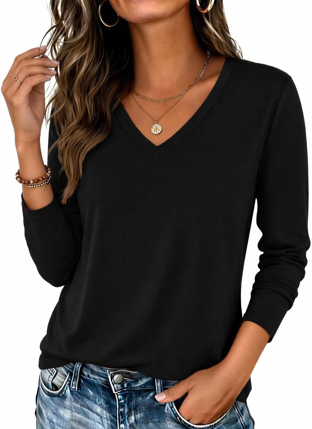 image:imageZeagoo Womens Shirts Long Sleeve Tops V Neck Casual Basic Tee Fall OutfitsBlack
