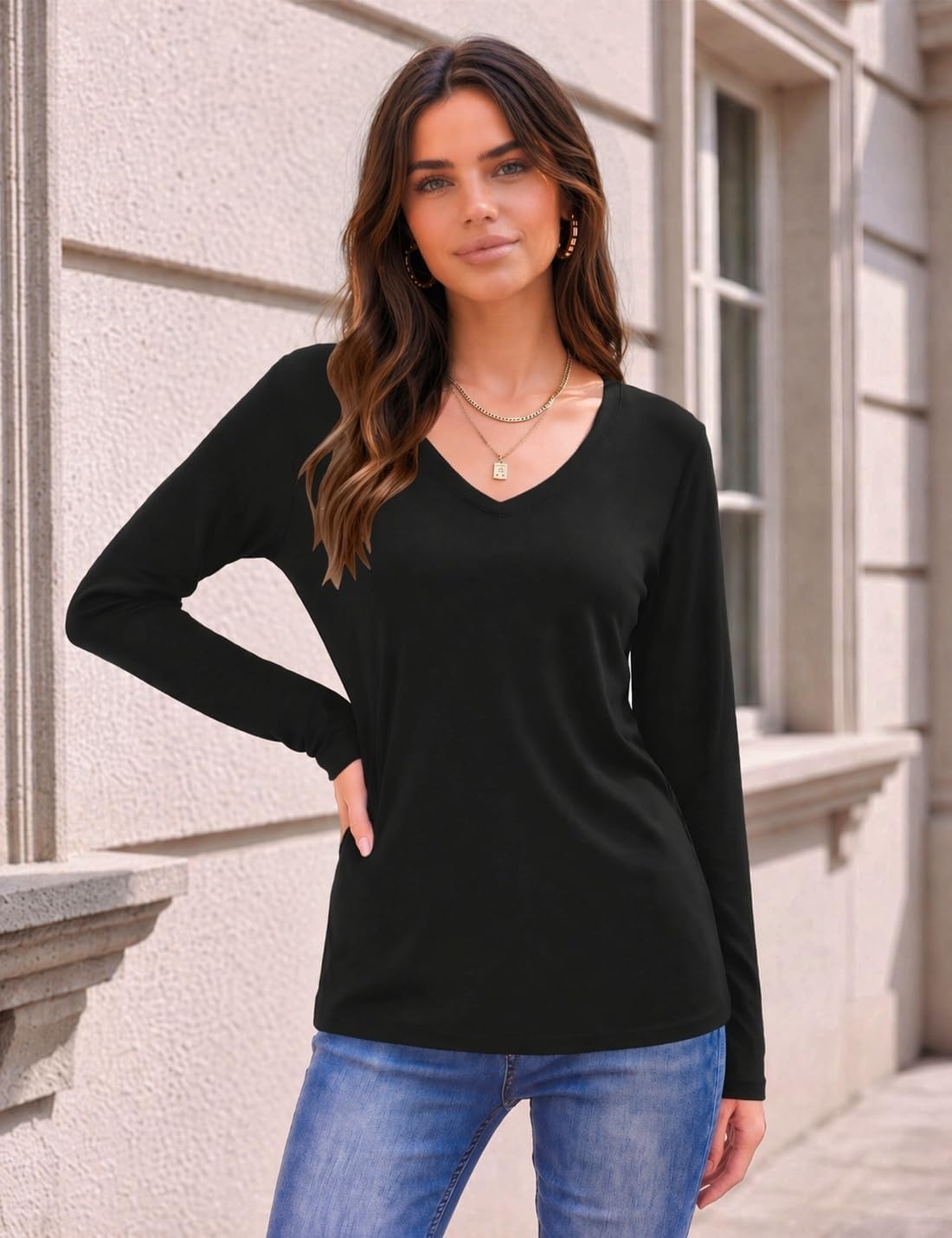 image:imageZeagoo Womens Shirts Long Sleeve Tops V Neck Casual Basic Tee Fall OutfitsBlack