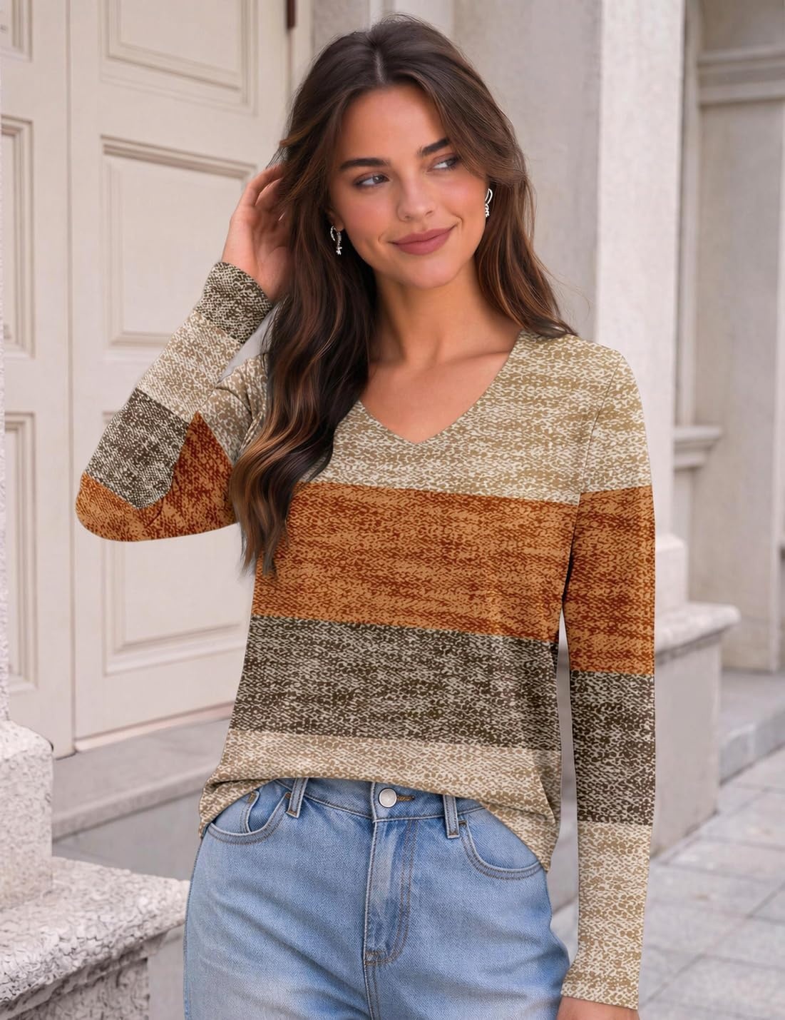 image:imageZeagoo Womens Shirts Long Sleeve Tops V Neck Casual Basic Tee Fall OutfitsFall Weave Stripe