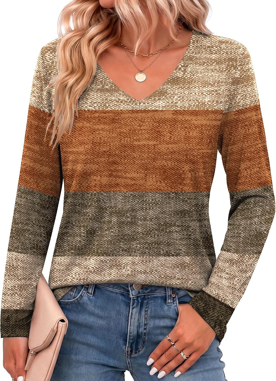 image:imageZeagoo Womens Shirts Long Sleeve Tops V Neck Casual Basic Tee Fall OutfitsFall Weave Stripe