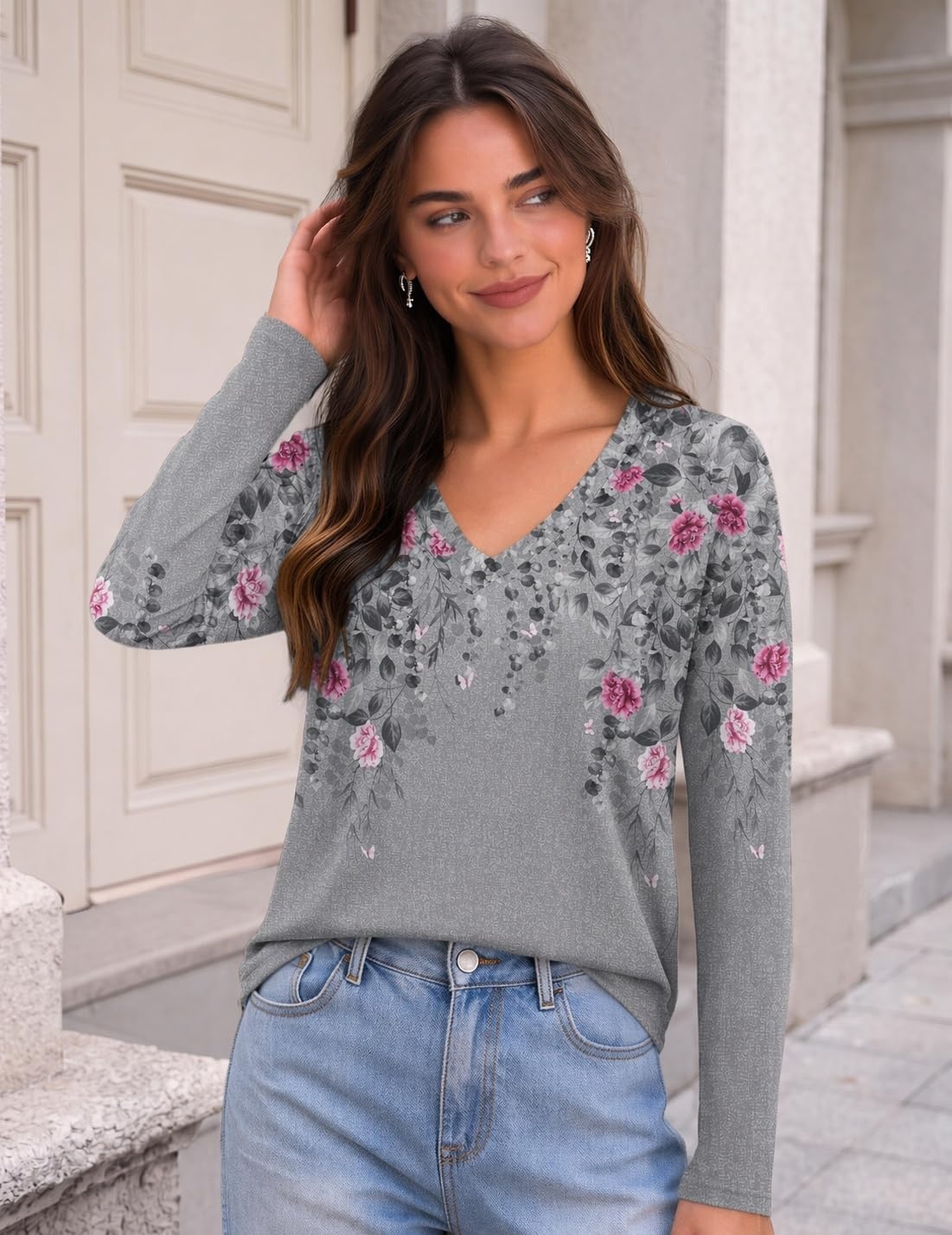 image:imageZeagoo Womens Shirts Long Sleeve Tops V Neck Casual Basic Tee Fall OutfitsGrey Floral Print