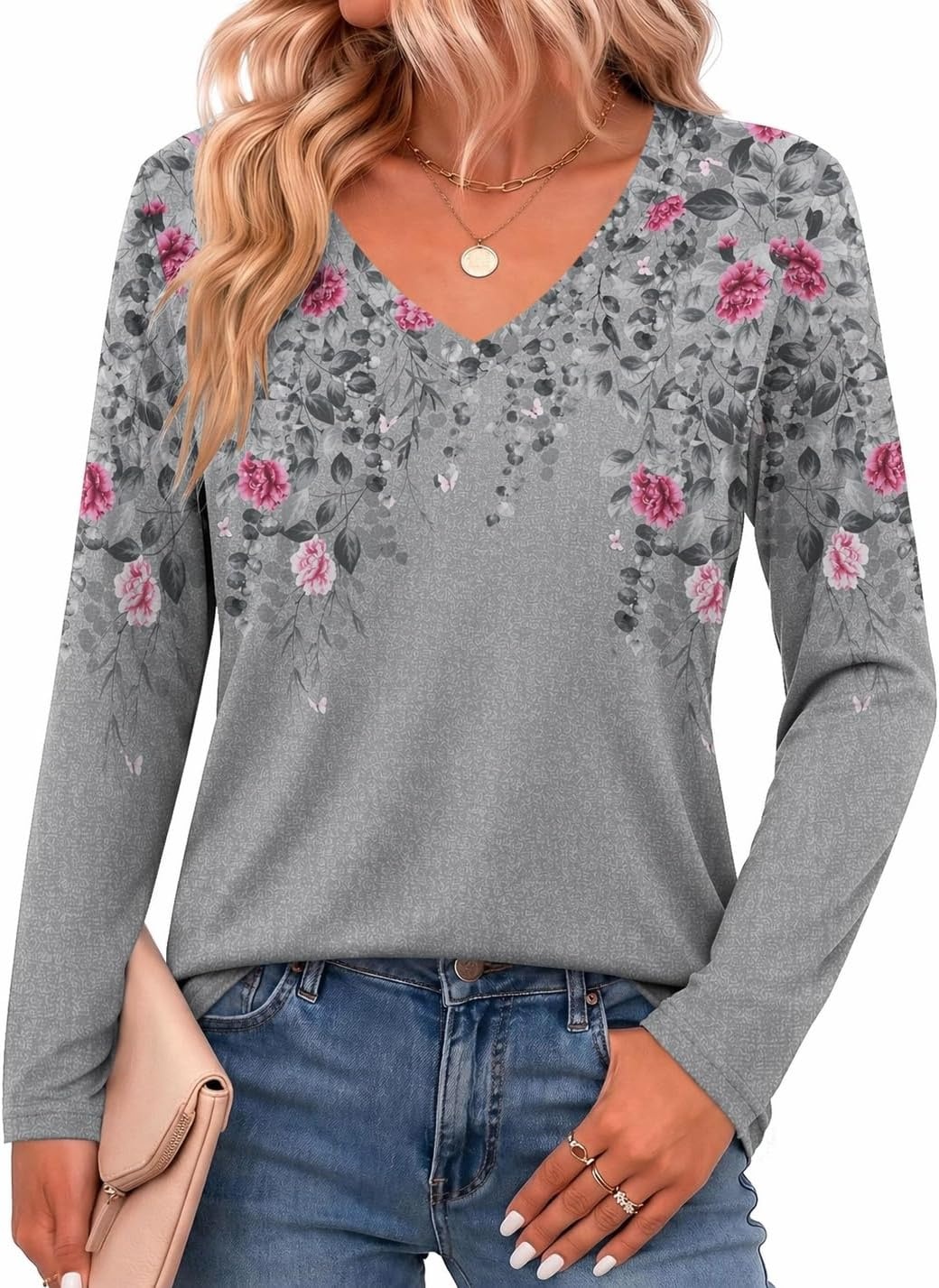 image:imageZeagoo Womens Shirts Long Sleeve Tops V Neck Casual Basic Tee Fall OutfitsGrey Floral Print
