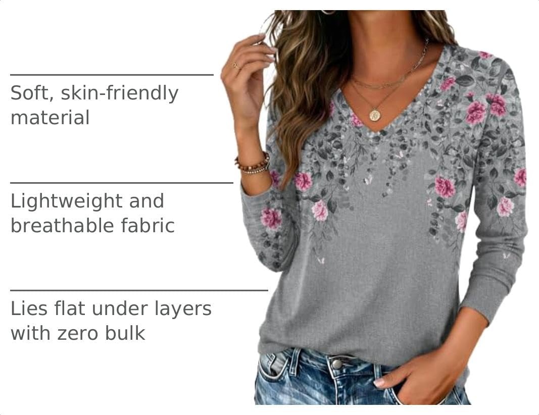image:imageZeagoo Womens Shirts Long Sleeve Tops V Neck Casual Basic Tee Fall OutfitsGrey Floral Print