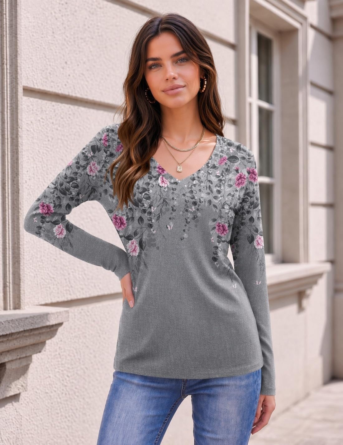 image:imageZeagoo Womens Shirts Long Sleeve Tops V Neck Casual Basic Tee Fall OutfitsGrey Floral Print