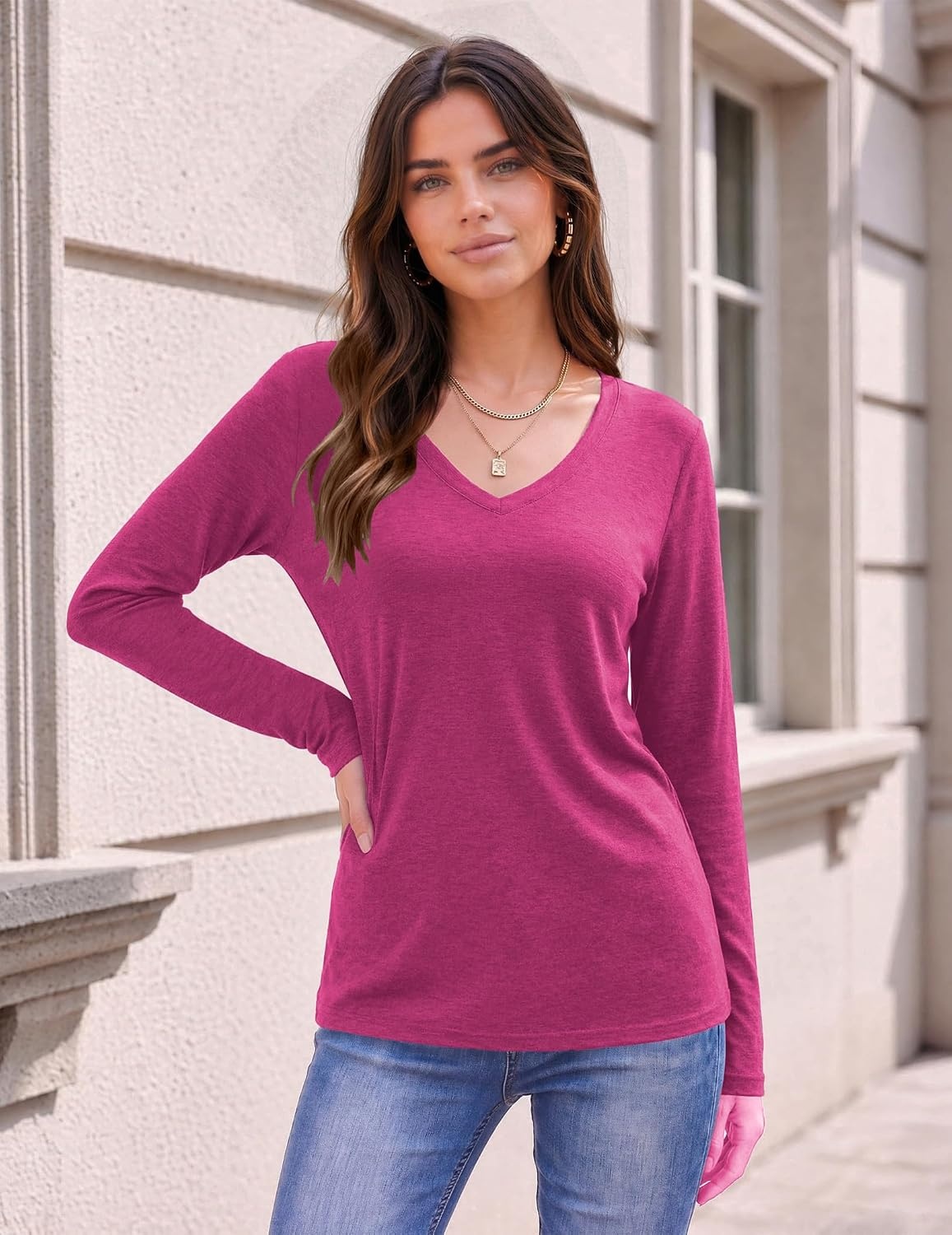 image:imageZeagoo Womens Shirts Long Sleeve Tops V Neck Casual Basic Tee Fall OutfitsHot Pink