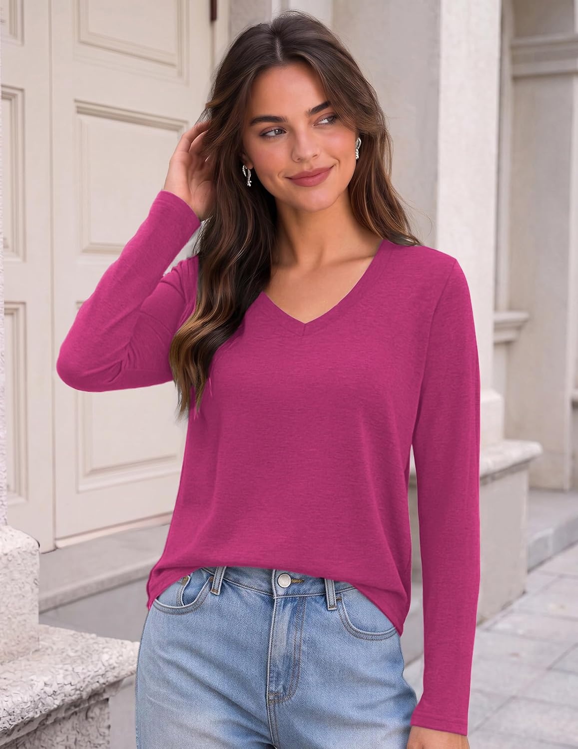 image:imageZeagoo Womens Shirts Long Sleeve Tops V Neck Casual Basic Tee Fall OutfitsHot Pink
