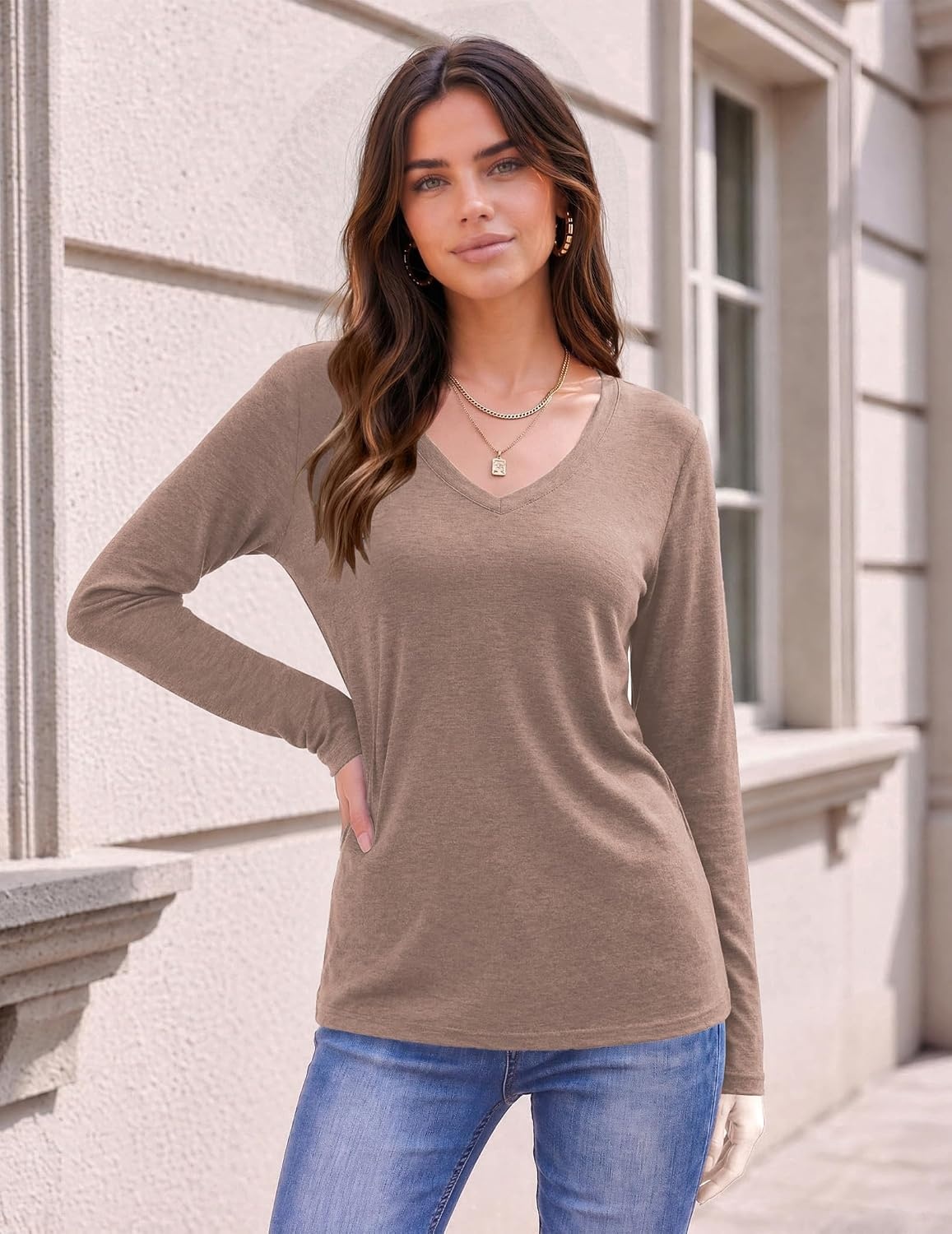 image:imageZeagoo Womens Shirts Long Sleeve Tops V Neck Casual Basic Tee Fall OutfitsKhaki
