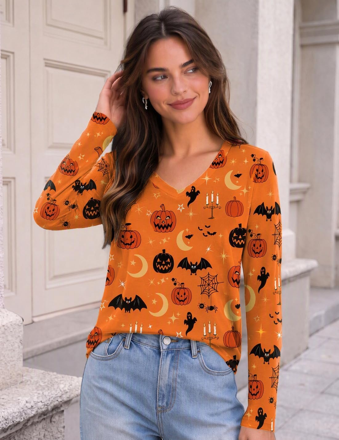 image:imageZeagoo Womens Shirts Long Sleeve Tops V Neck Casual Basic Tee Fall OutfitsOrange Pumpkin