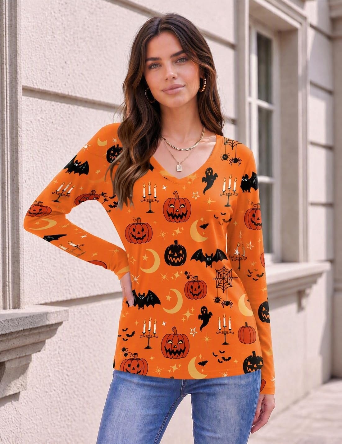 image:imageZeagoo Womens Shirts Long Sleeve Tops V Neck Casual Basic Tee Fall OutfitsOrange Pumpkin