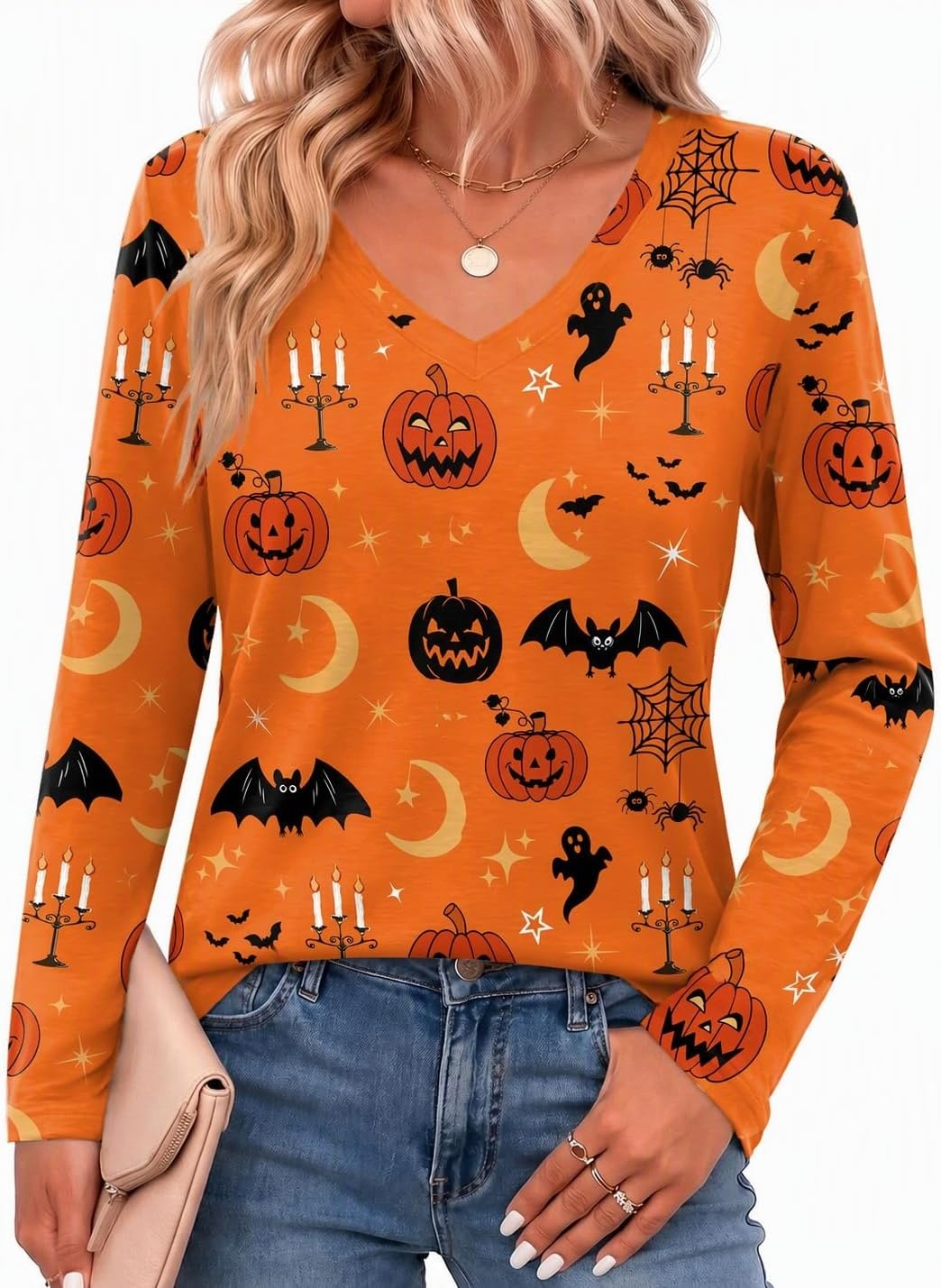 image:imageZeagoo Womens Shirts Long Sleeve Tops V Neck Casual Basic Tee Fall OutfitsOrange Pumpkin