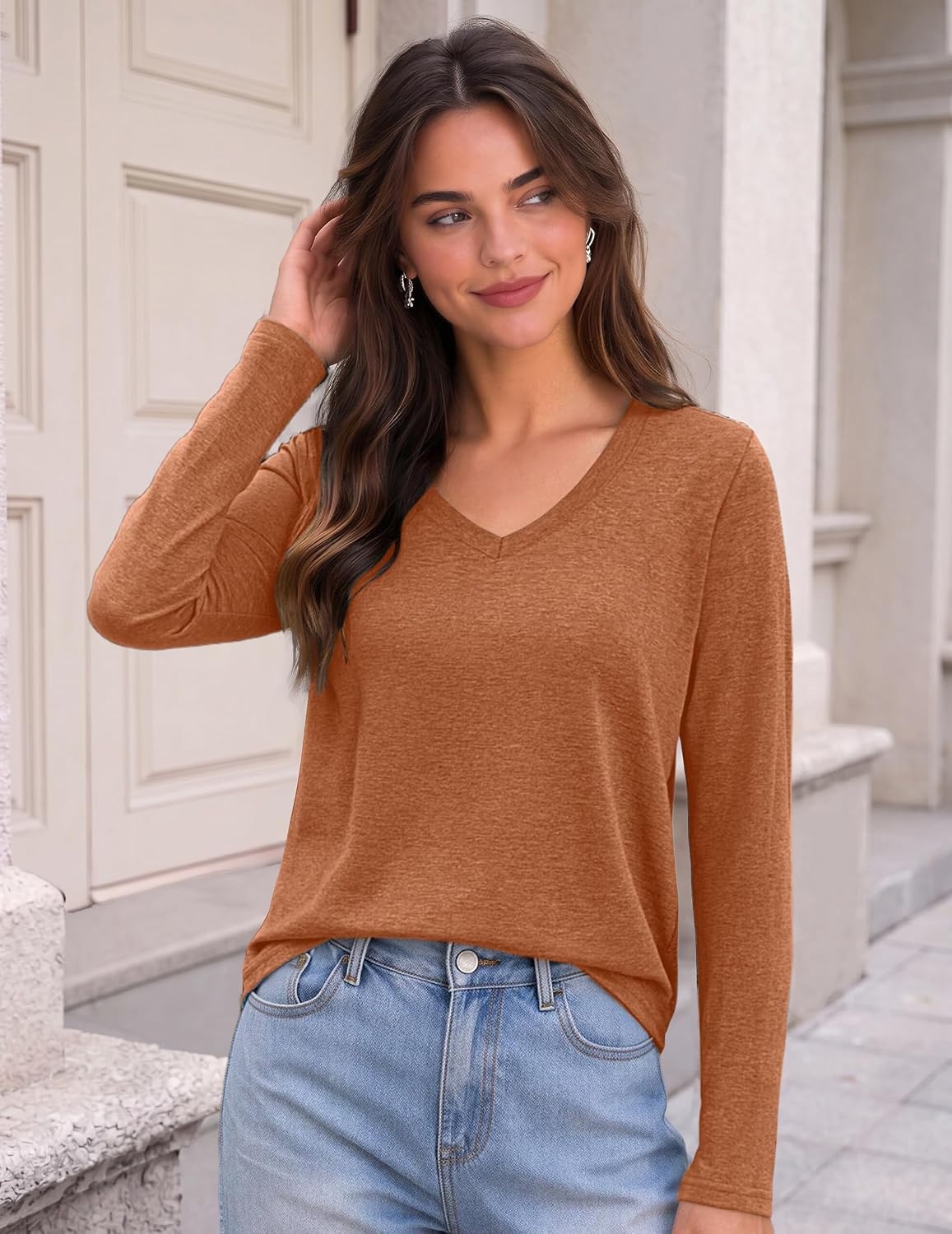image:imageZeagoo Womens Shirts Long Sleeve Tops V Neck Casual Basic Tee Fall OutfitsRust Orange