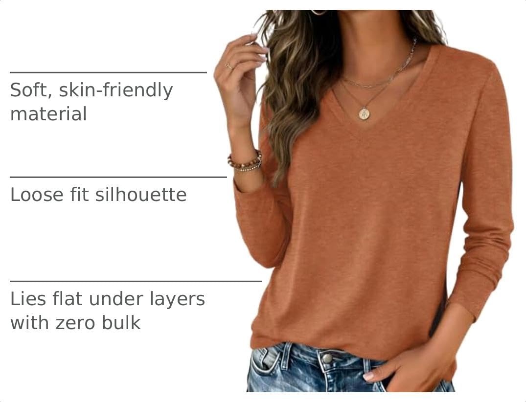 image:imageZeagoo Womens Shirts Long Sleeve Tops V Neck Casual Basic Tee Fall OutfitsRust Orange