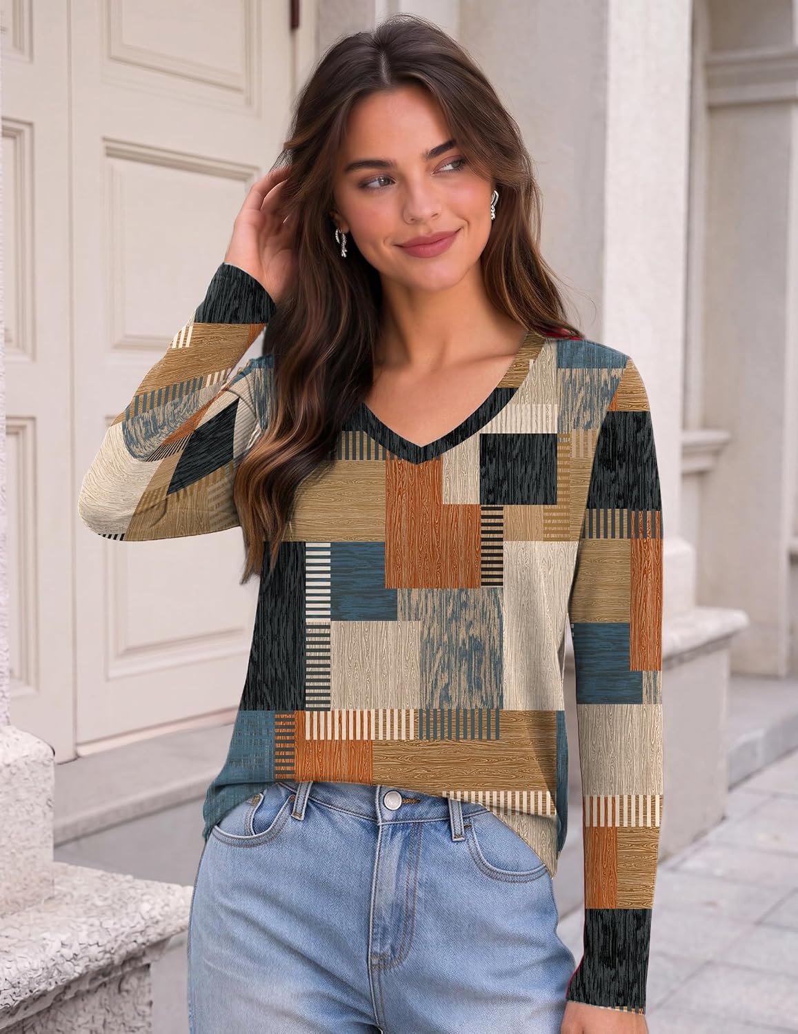 image:imageZeagoo Womens Shirts Long Sleeve Tops V Neck Casual Basic Tee Fall OutfitsTerracotta Blue Geo Print
