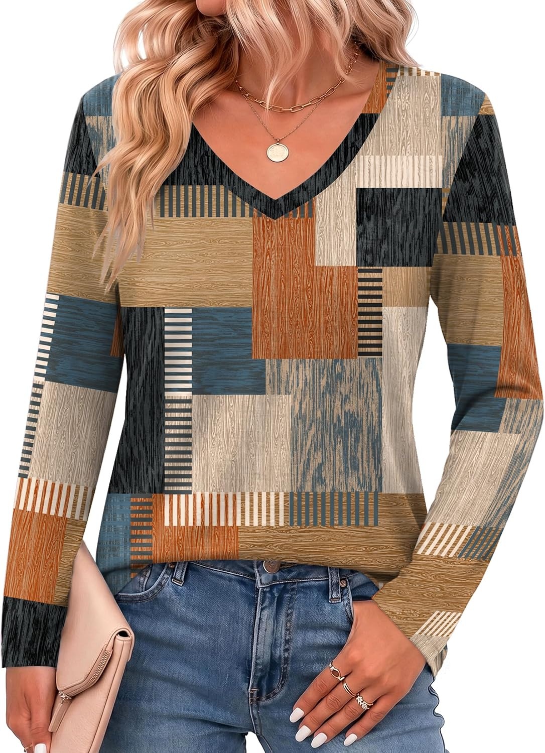 image:imageZeagoo Womens Shirts Long Sleeve Tops V Neck Casual Basic Tee Fall OutfitsTerracotta Blue Geo Print