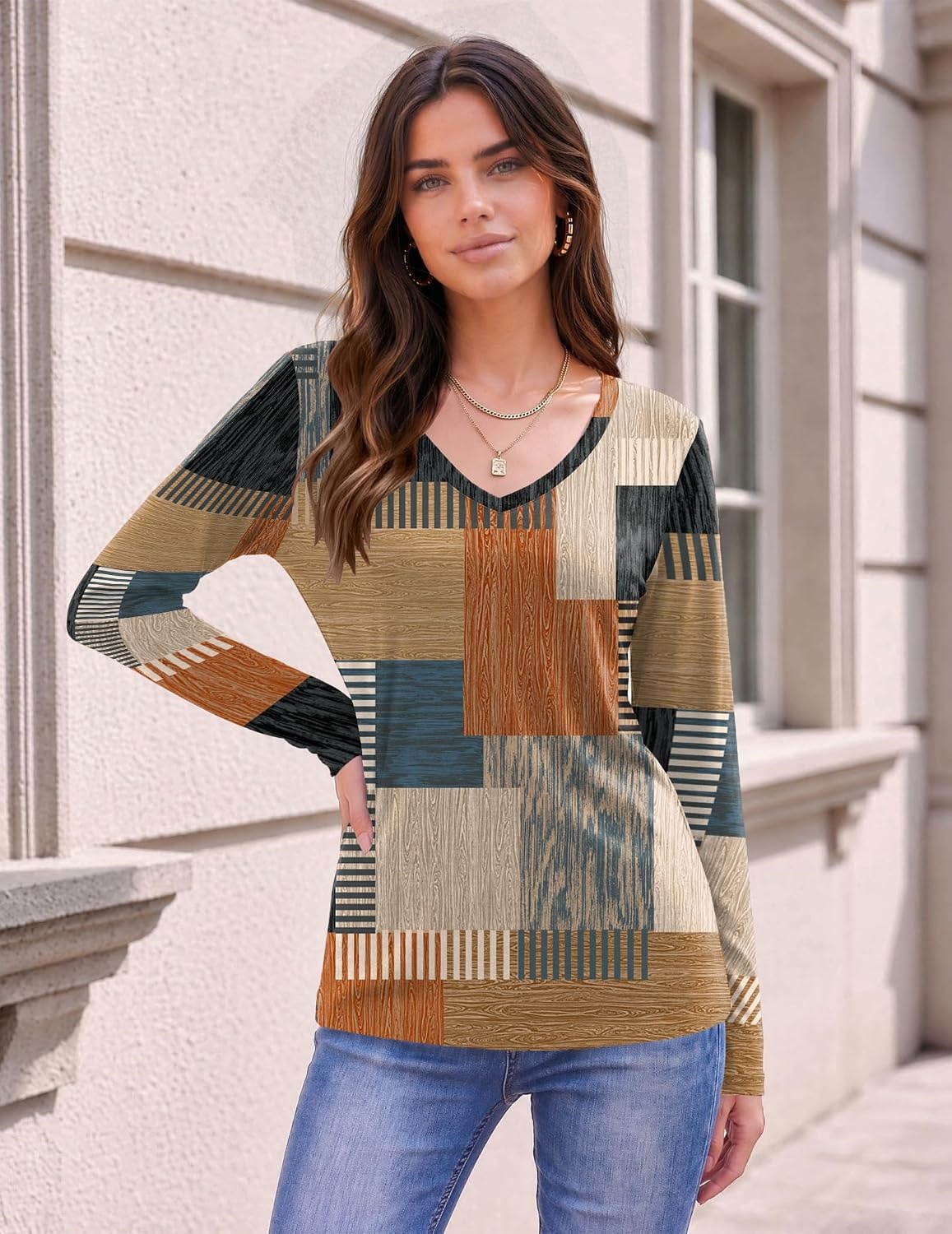 image:imageZeagoo Womens Shirts Long Sleeve Tops V Neck Casual Basic Tee Fall OutfitsTerracotta Blue Geo Print