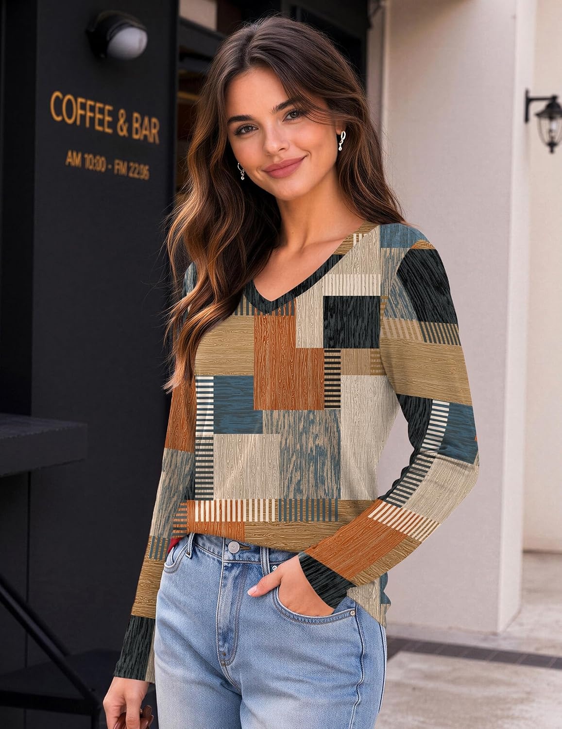 image:imageZeagoo Womens Shirts Long Sleeve Tops V Neck Casual Basic Tee Fall OutfitsTerracotta Blue Geo Print