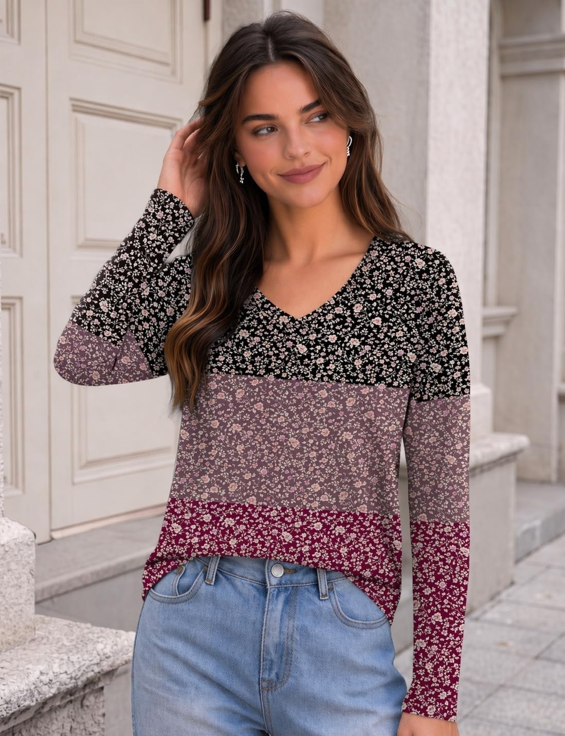 image:imageZeagoo Womens Shirts Long Sleeve Tops V Neck Casual Basic Tee Fall OutfitsVintage Ditsy Floral