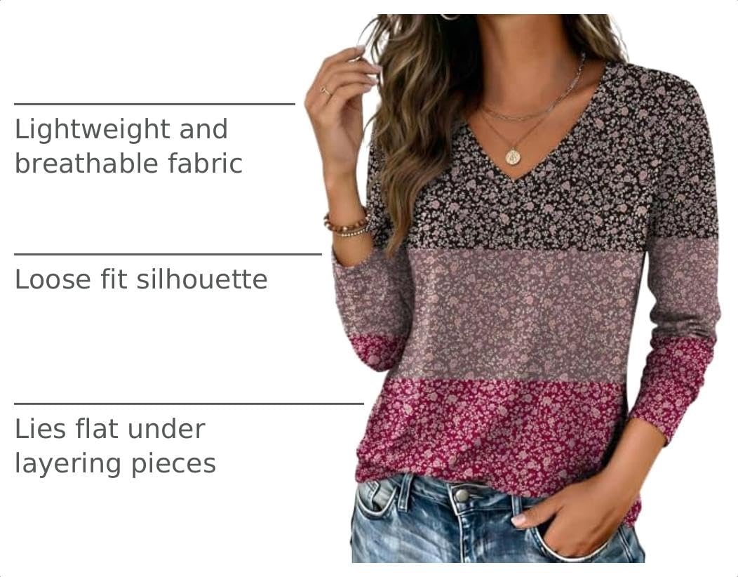 image:imageZeagoo Womens Shirts Long Sleeve Tops V Neck Casual Basic Tee Fall OutfitsVintage Ditsy Floral