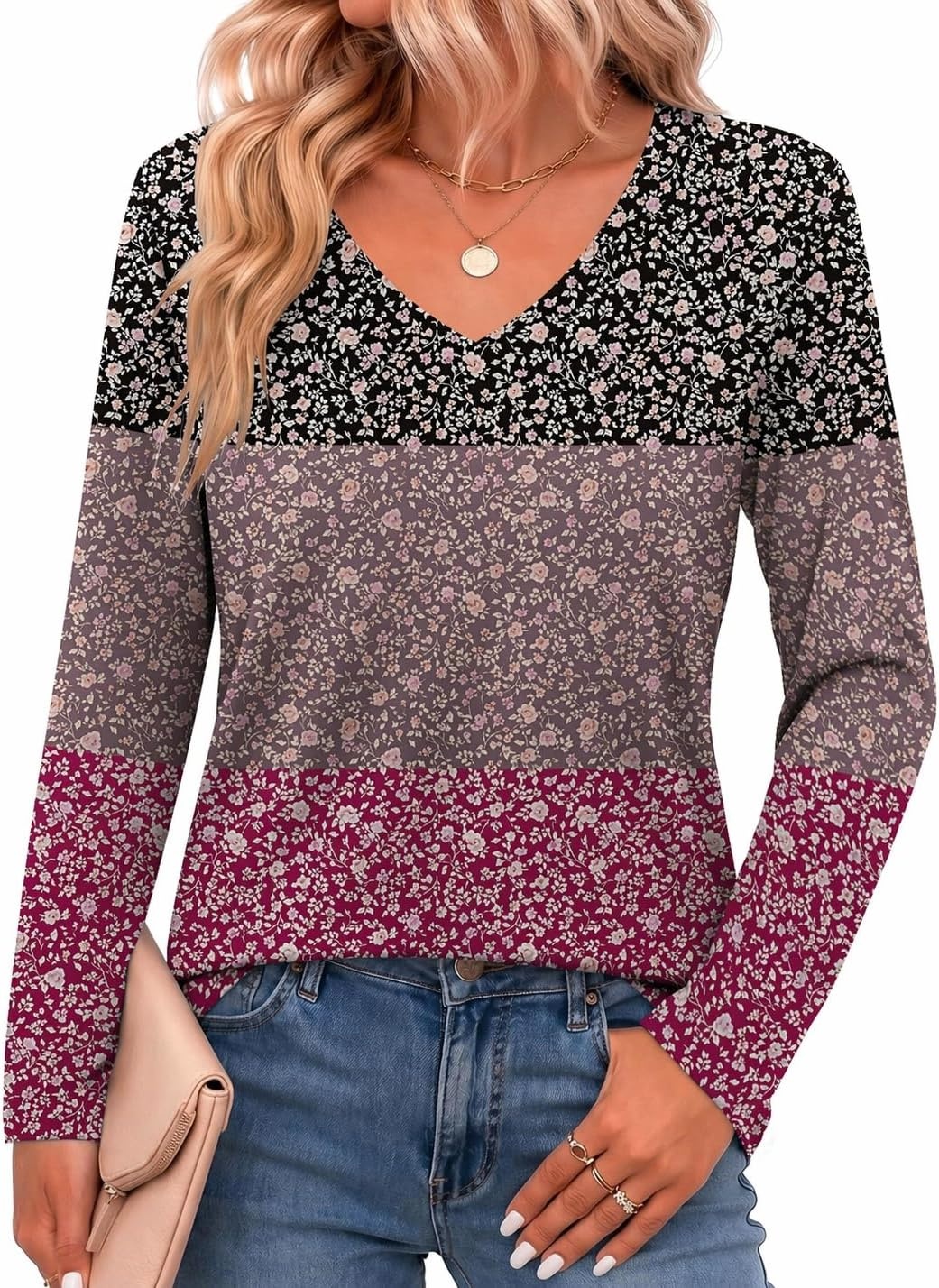 image:imageZeagoo Womens Shirts Long Sleeve Tops V Neck Casual Basic Tee Fall OutfitsVintage Ditsy Floral