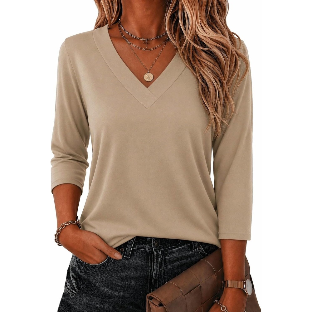 image:imageZeagoo 34 Sleeve Womens Top V Neck Shirt Casual Blouse Basic Tshirts S2XLKhaki