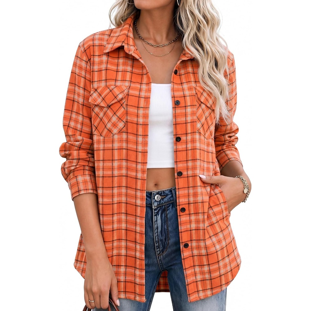 image:imageZeagoo Flannel Shirt Women Plaid Button Down Shackets Long Sleeve Fall TopsOrangegw689