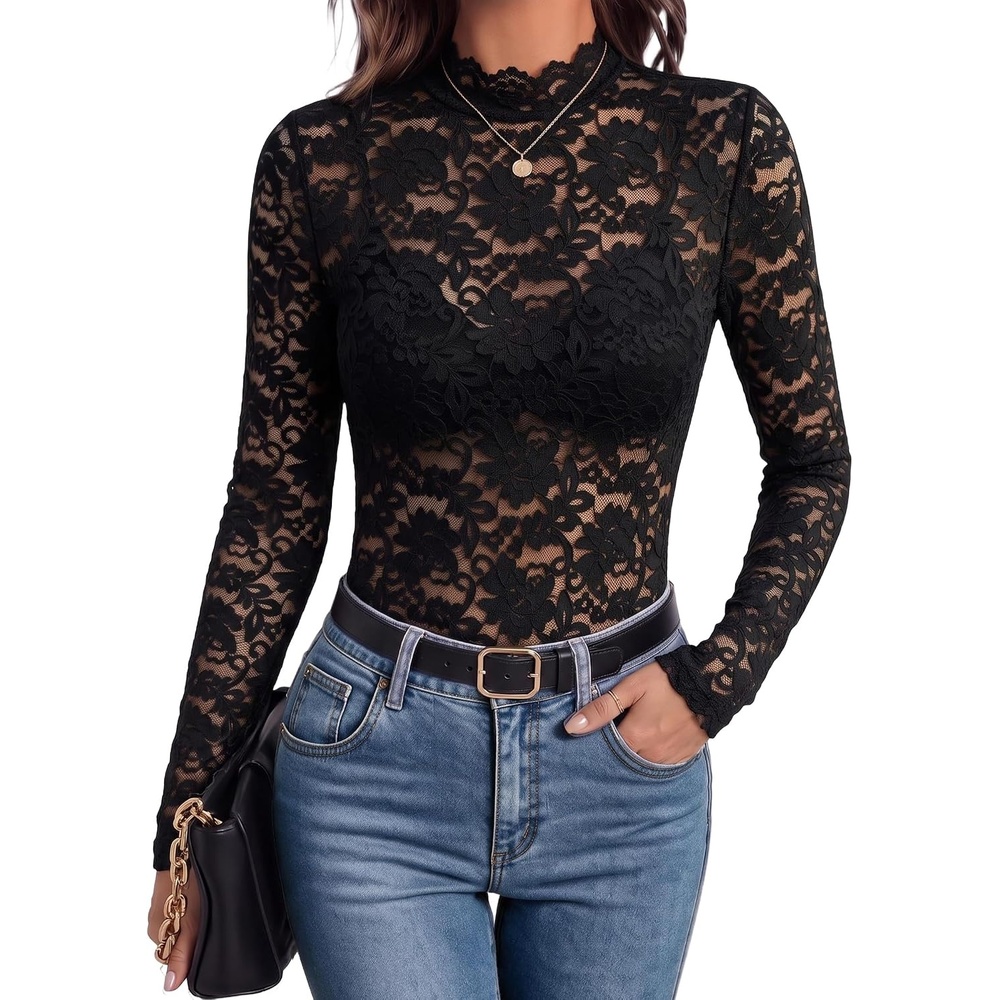 image:imageZeagoo Lace Tops for Women Mesh Sheer Long Sleeve Shirts Going Out Blouses1black