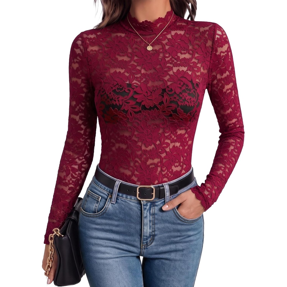 image:imageZeagoo Lace Tops for Women Mesh Sheer Long Sleeve Shirts Going Out BlousesDark Red