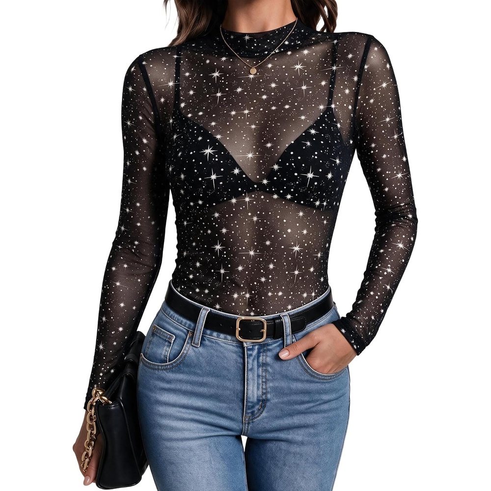 image:imageZeagoo Lace Tops for Women Mesh Sheer Long Sleeve Shirts Going Out BlousesKt246