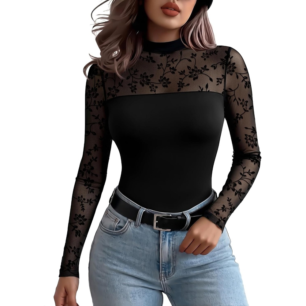 image:imageZeagoo Long Sleeve Shirts for Womens Lace Tops Mesh Sheer Sexy Fall BlouseBlack Flowerspat4