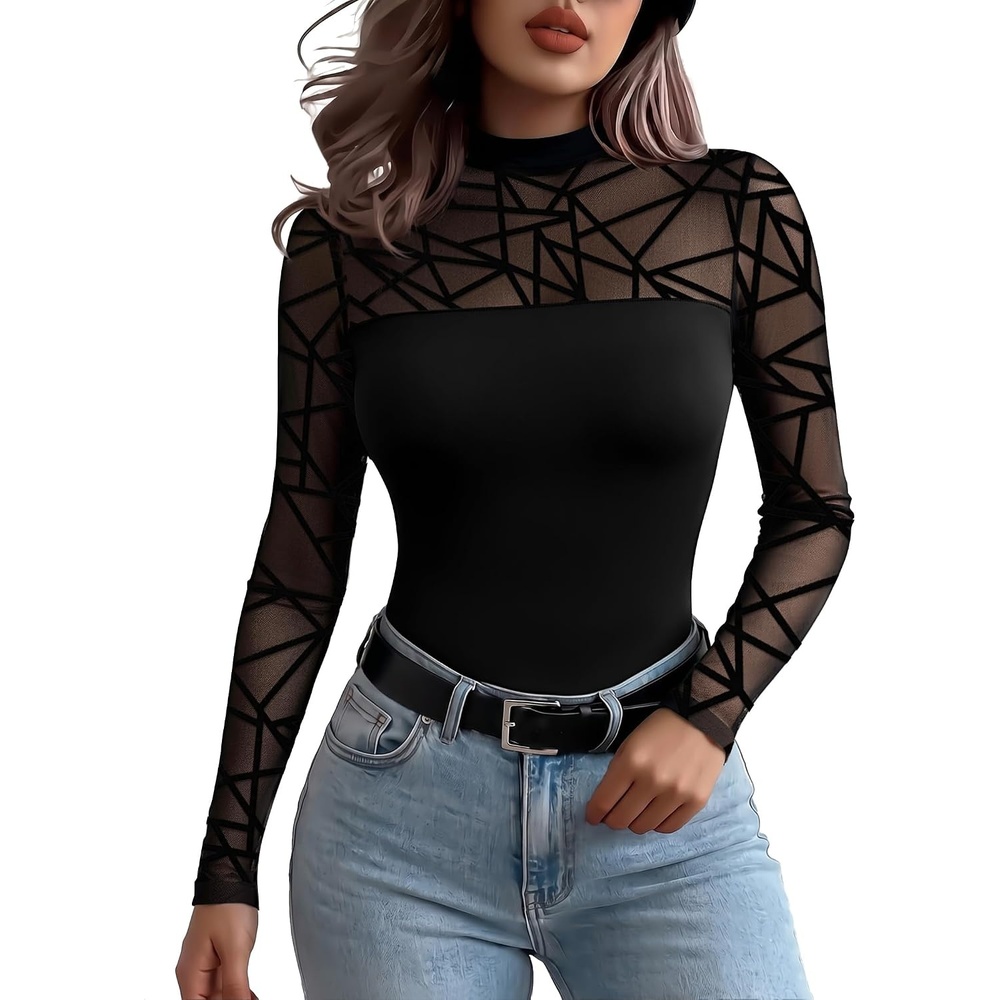image:imageZeagoo Long Sleeve Shirts for Womens Lace Tops Mesh Sheer Sexy Fall BlouseBlack Gridsa3