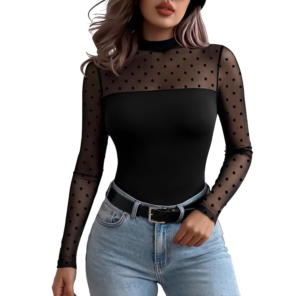 image:imageZeagoo Long Sleeve Shirts for Womens Lace Tops Mesh Sheer Sexy Fall BlouseBlack Polka Dotsa2