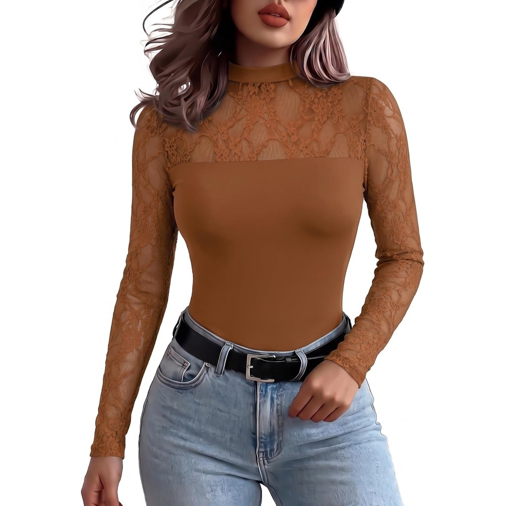 image:imageZeagoo Long Sleeve Shirts for Womens Lace Tops Mesh Sheer Sexy Fall BlouseBrown